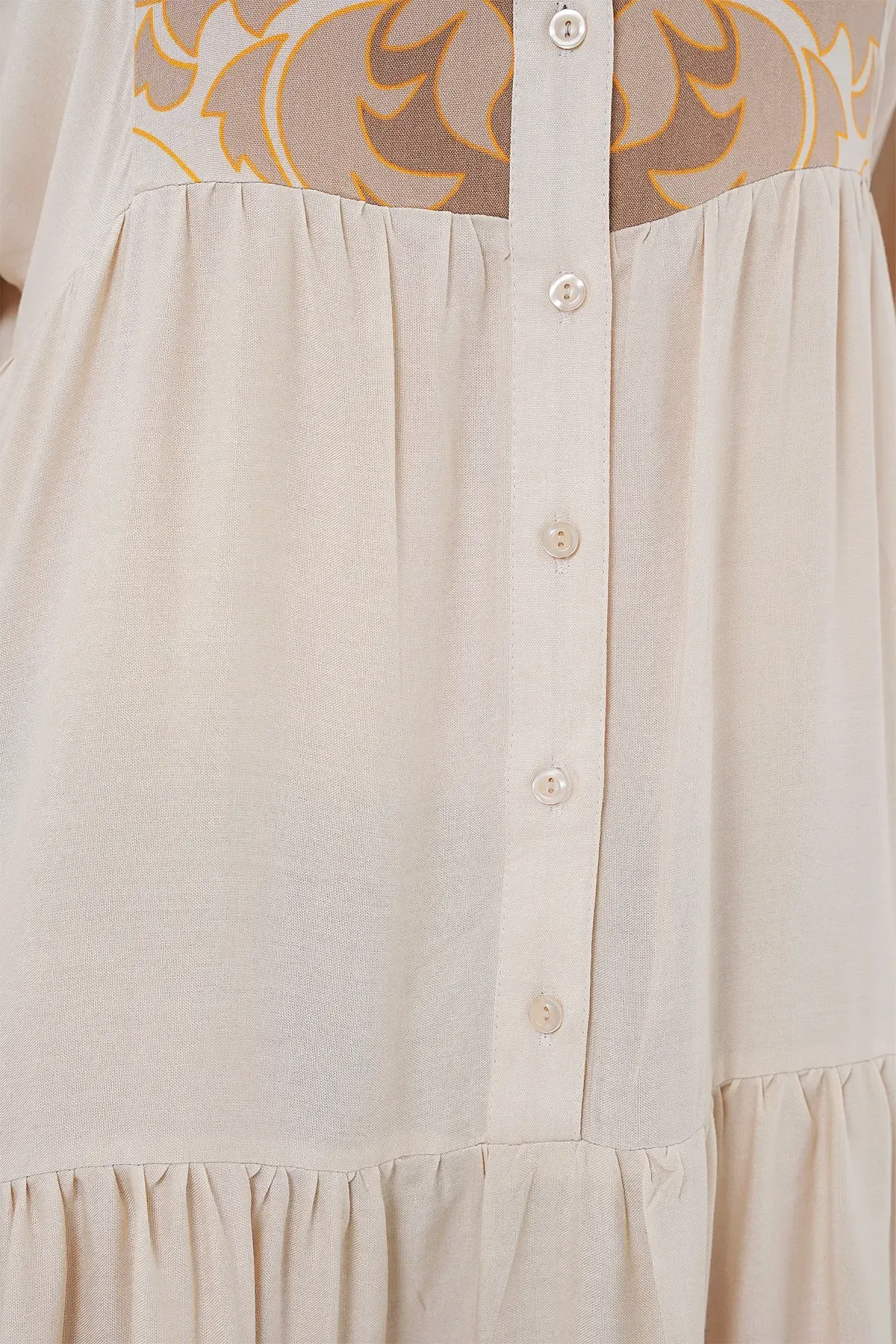 2423 Otantik Desenli Tesettür Elbise - T. Ekru