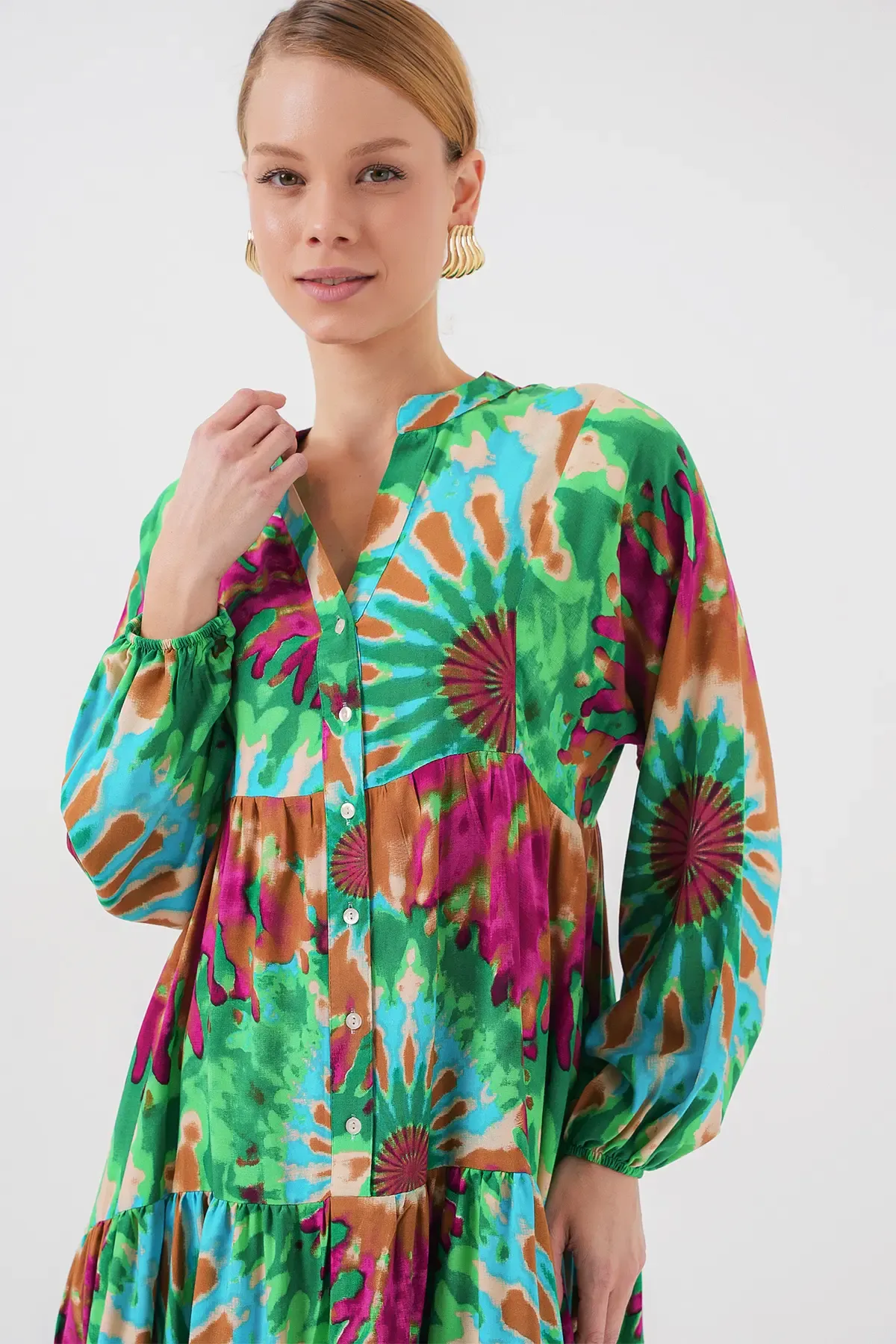 2423 Otantik Desenli Tesettür Elbise - Yeşil 9