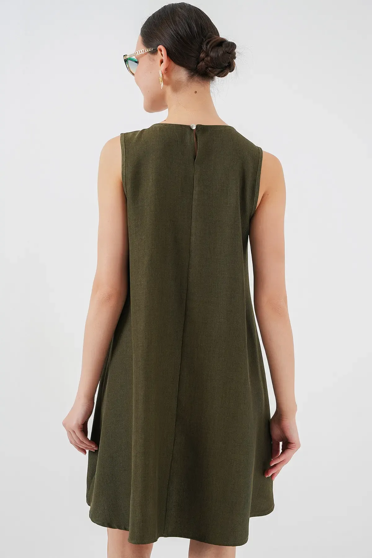 2444 Mini Keten Elbise - Haki