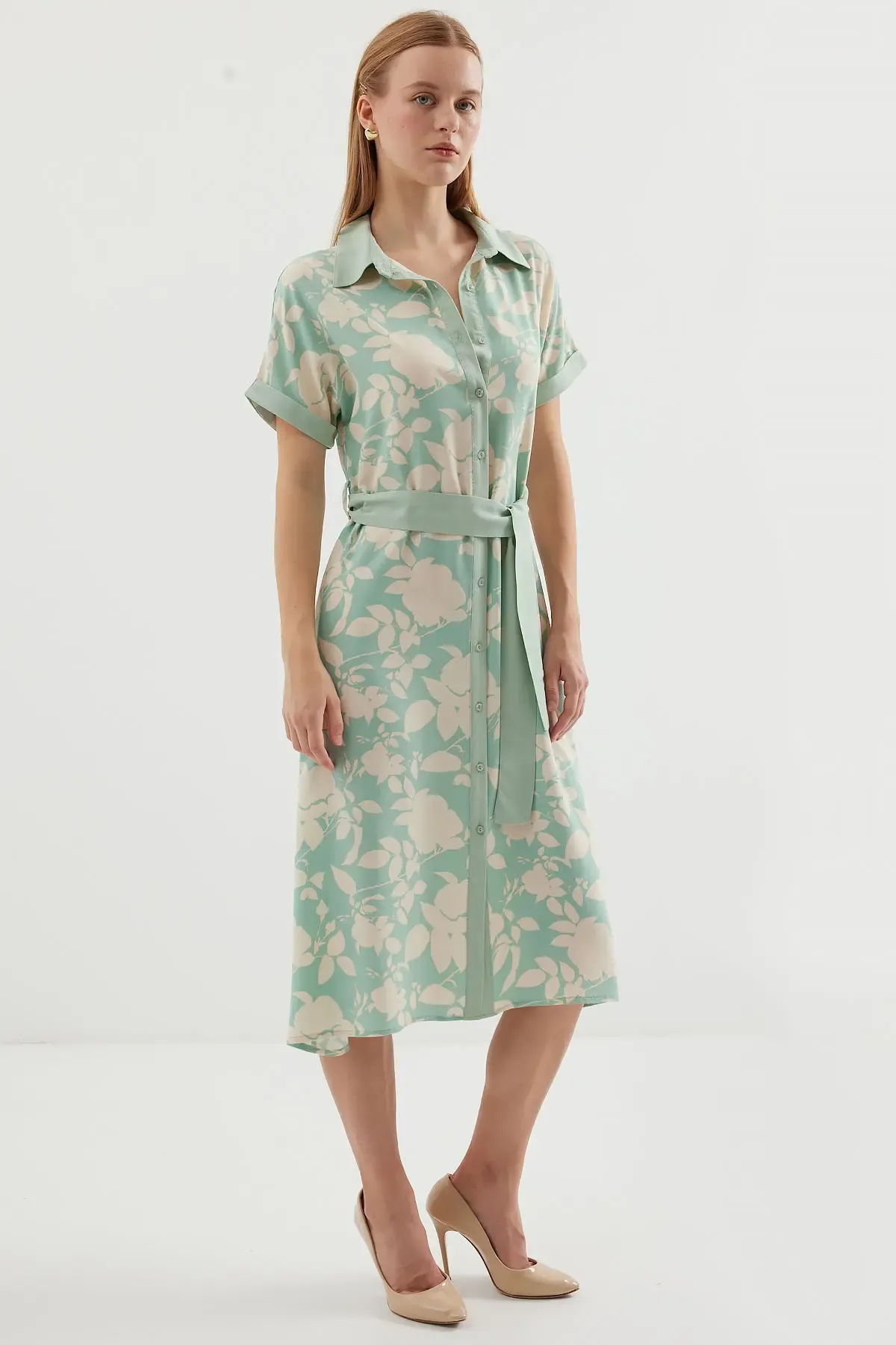 2455 Desenli Gömlek Elbise - Çağla