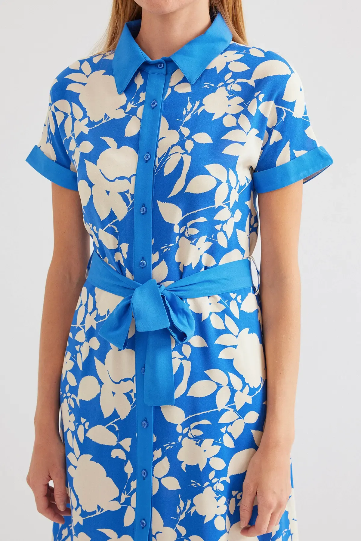 2455 Desenli Gömlek Elbise - Mavi