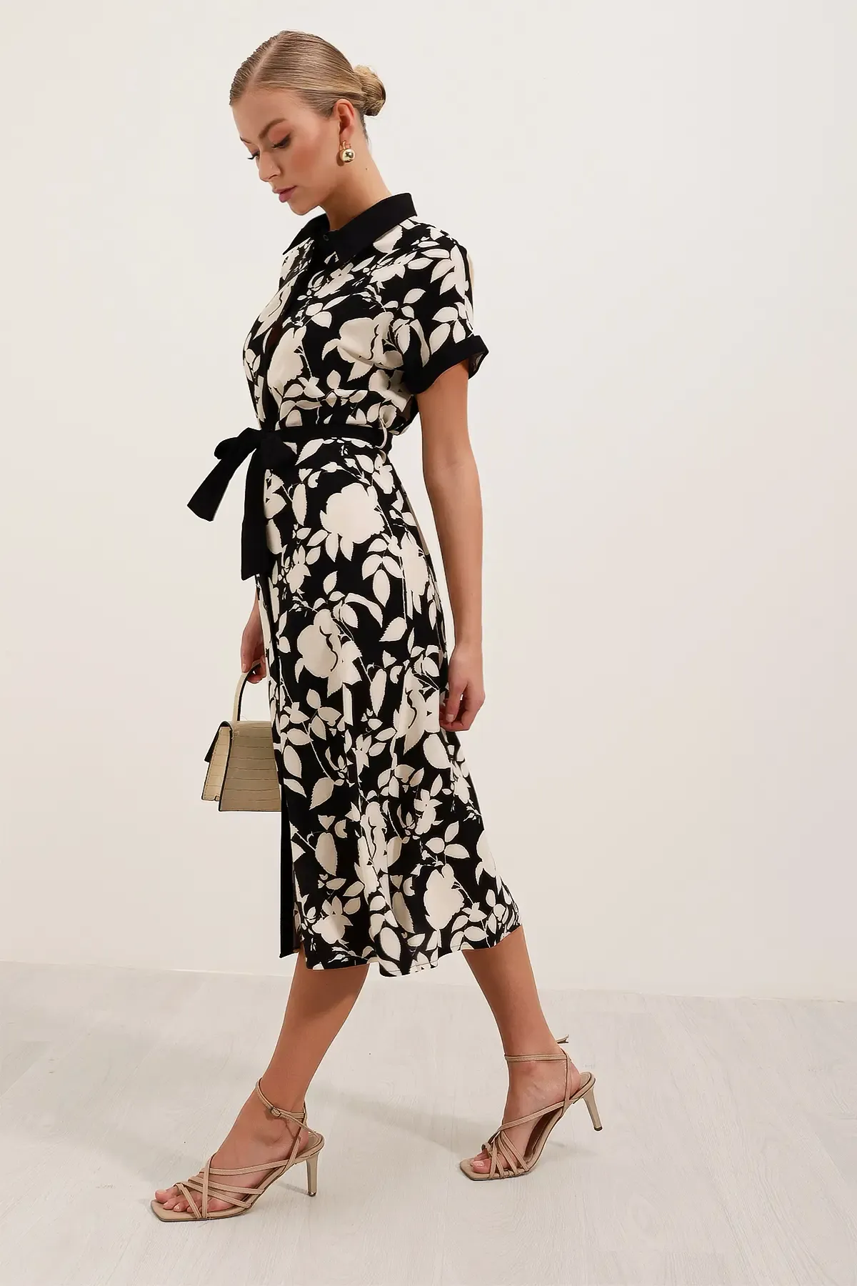 2455 Desenli Gömlek Elbise - Siyah