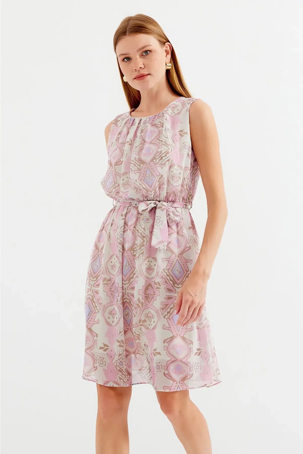 2501 Desenli Sıfır Kol Şifon Elbise - Pembe