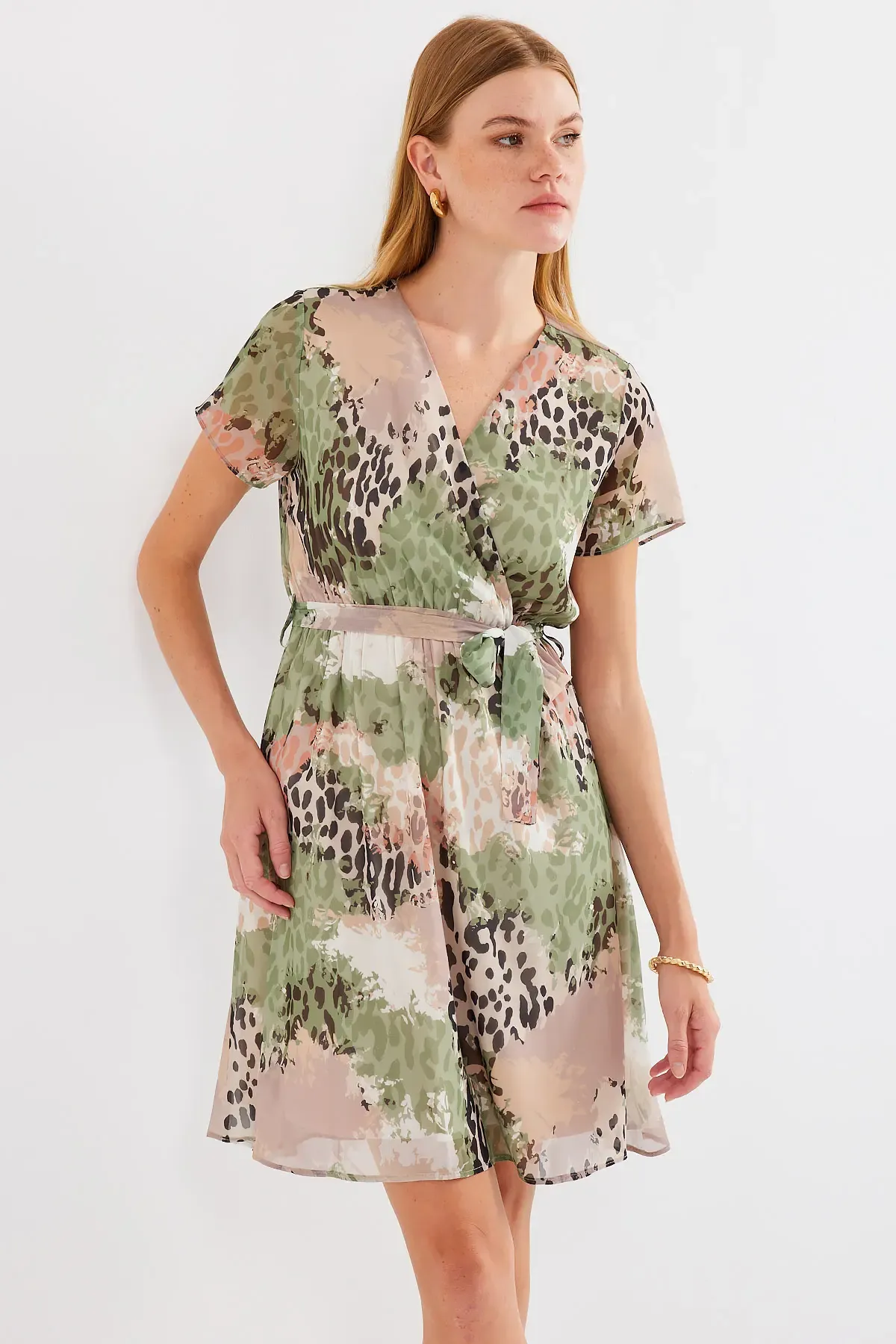 2502 Kısa Kol Desenli Şifon Elbise - Çağla