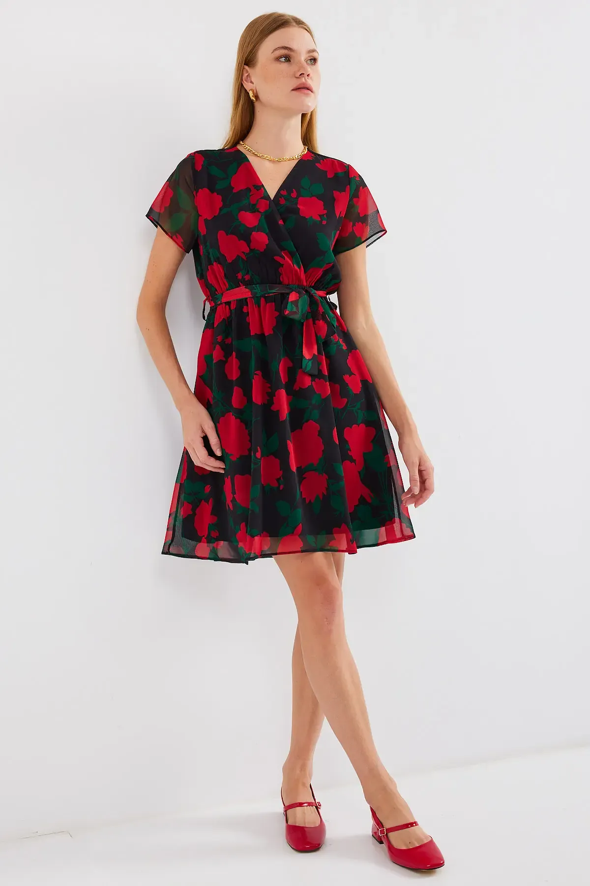 2502 Kısa Kol Desenli Şifon Elbise - Siyah