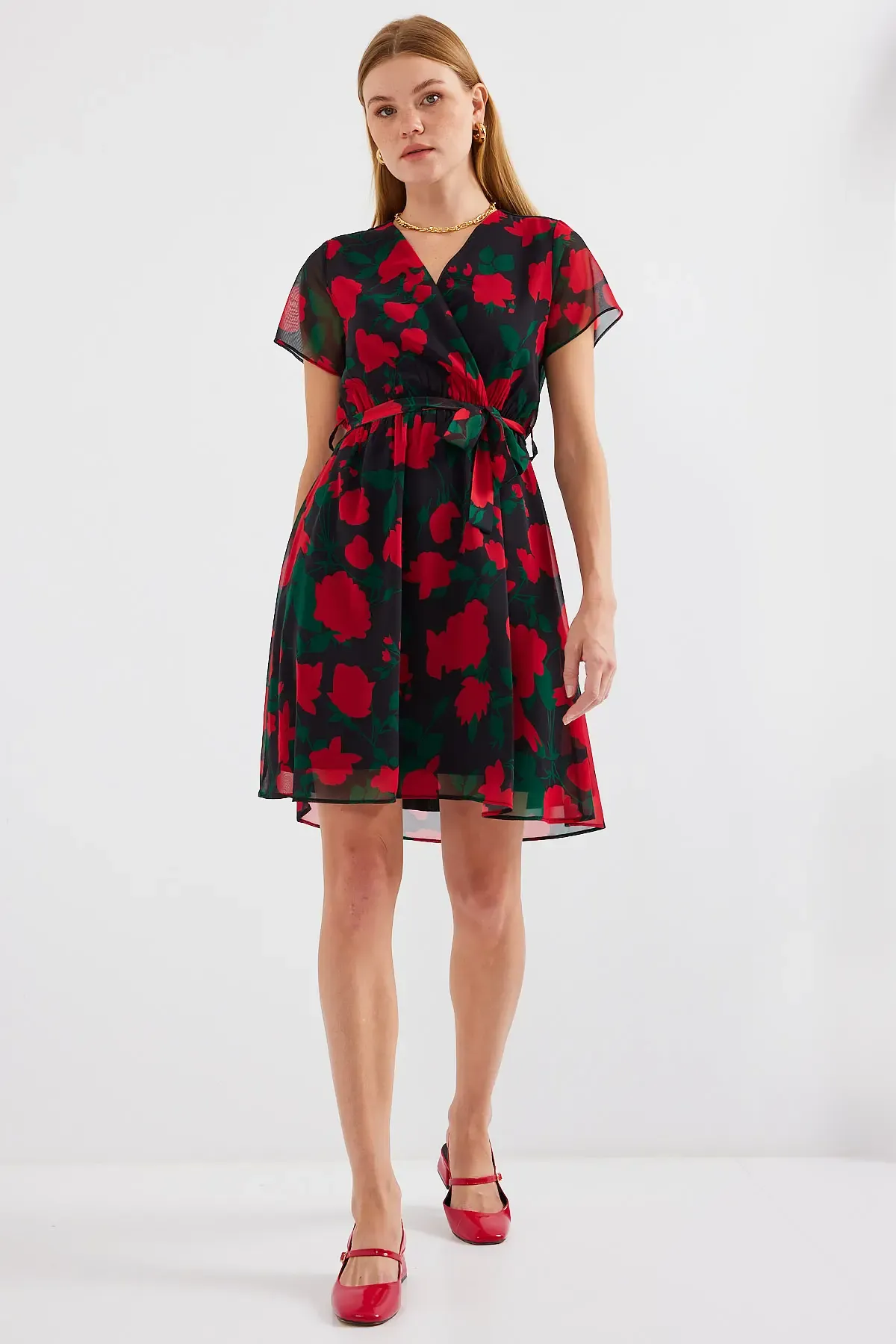 2502 Kısa Kol Desenli Şifon Elbise - Siyah