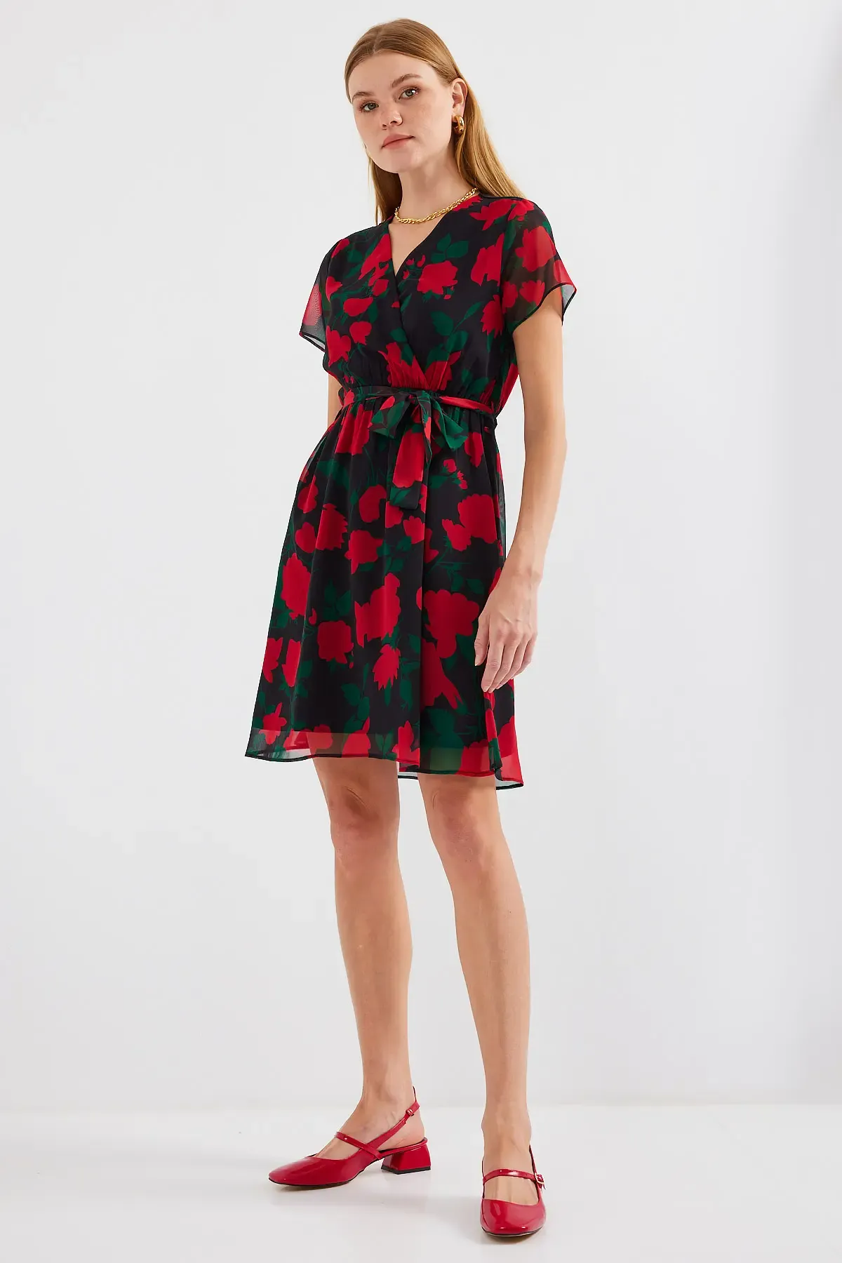 2502 Kısa Kol Desenli Şifon Elbise - Siyah