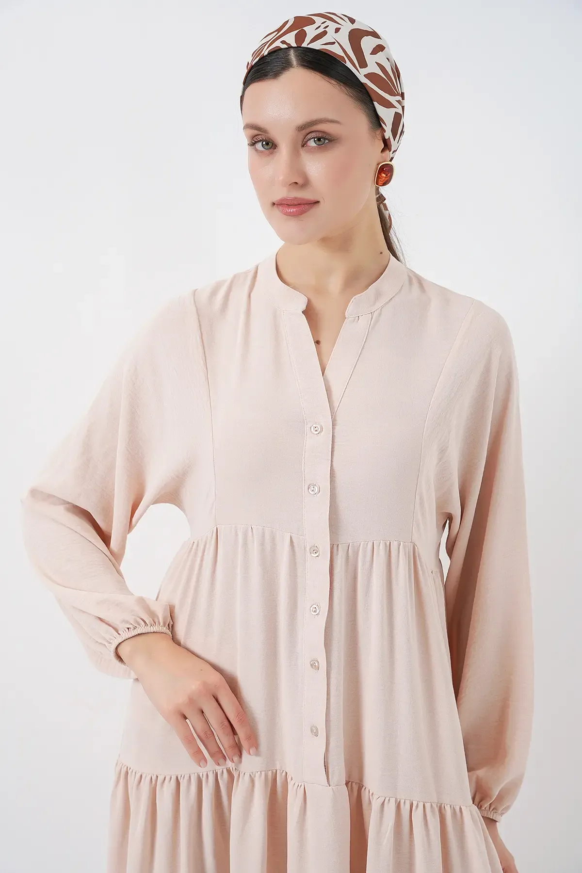 2527 Kadın Uzun Tesettür Elbise - Bej