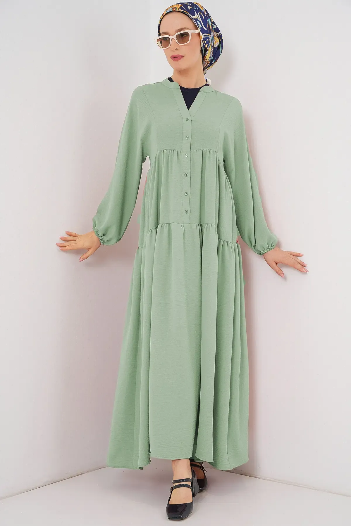 2527 Kadın Uzun Tesettür Elbise - E.Yeşil