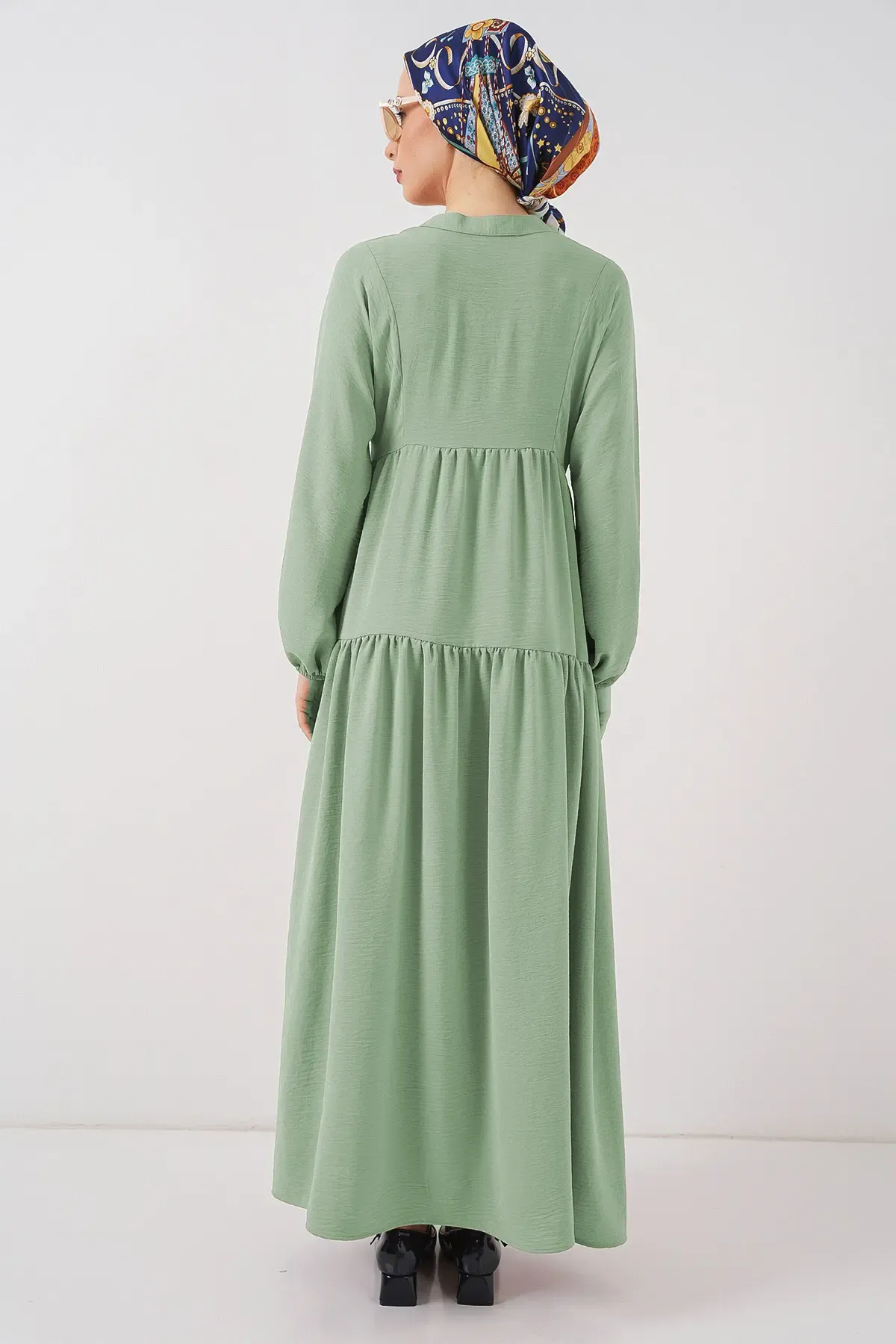 2527 Kadın Uzun Tesettür Elbise - E.Yeşil