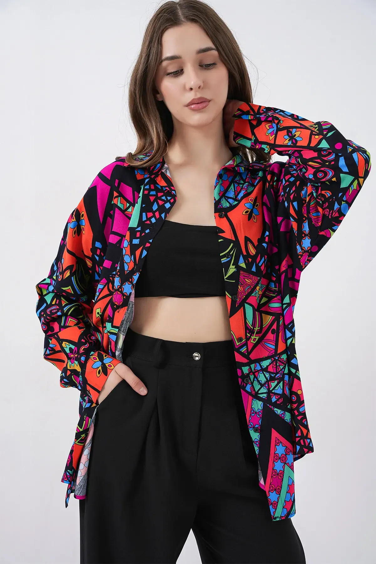 3721 Grafik Desenli Gömlek - Fuşya