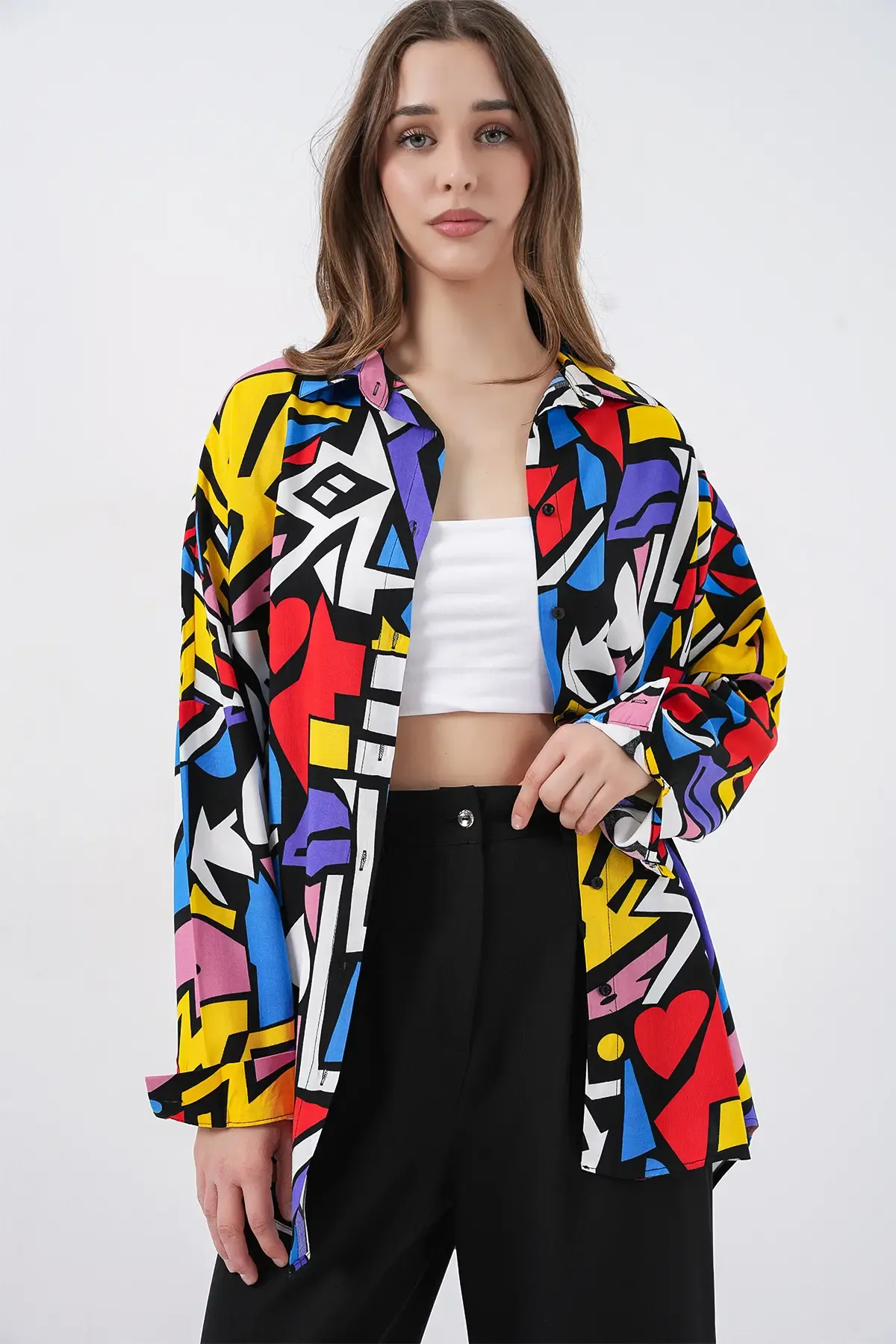 3721 Grafik Desenli Gömlek - Siyah