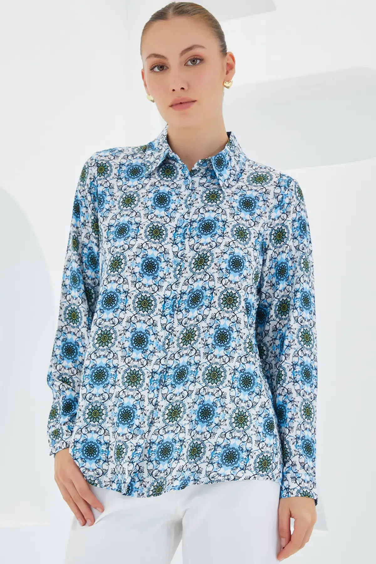 3721 Grafik Desenli Gömlek - Turkuaz