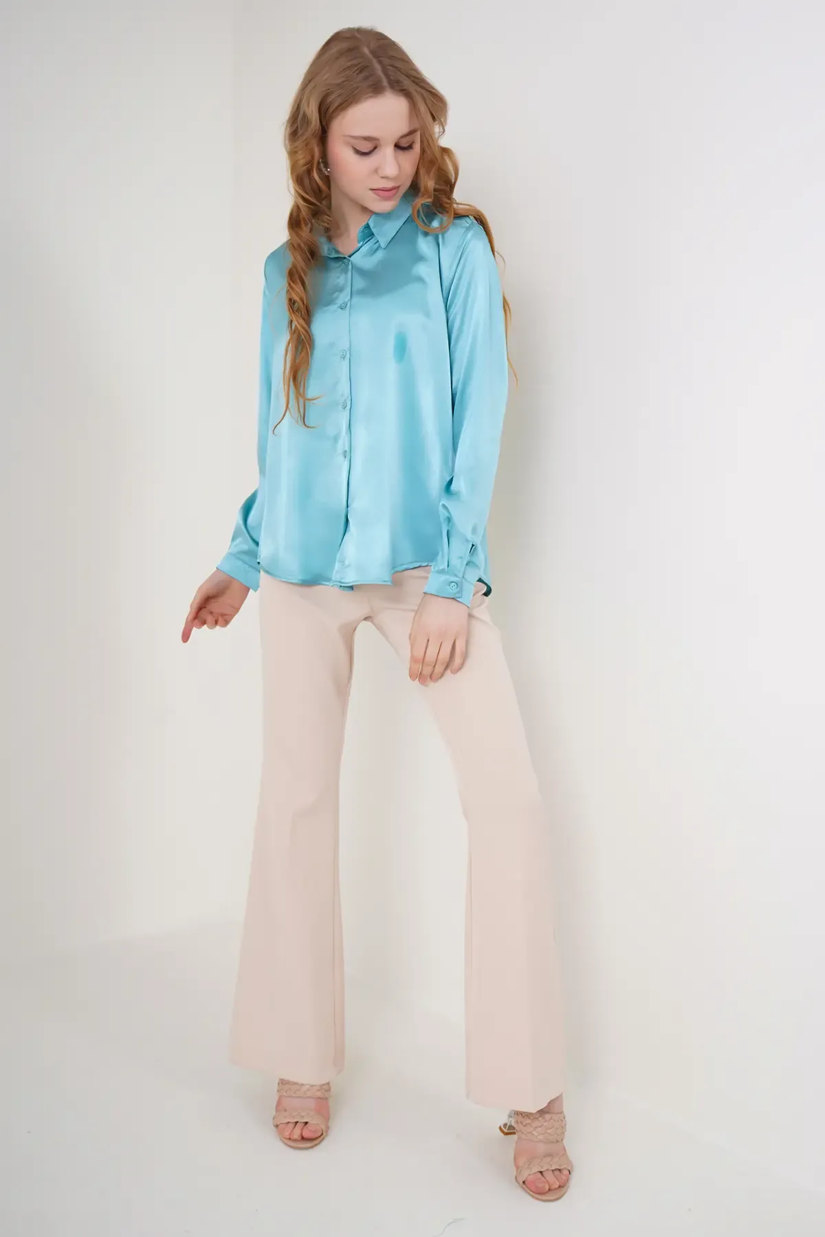 3964 Hafif Dökümlü Saten Gömlek - Mint