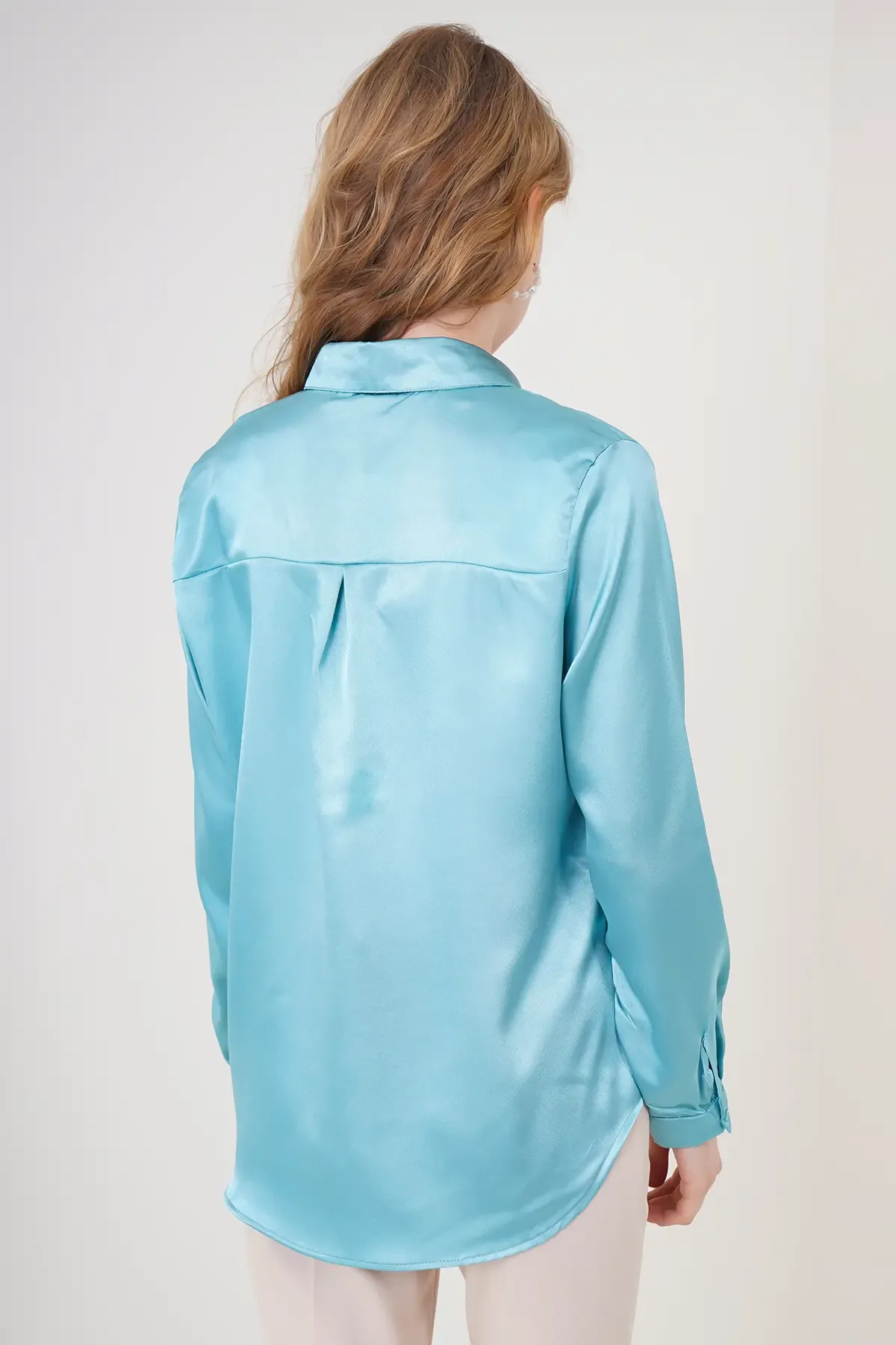 3964 Hafif Dökümlü Saten Gömlek - Mint
