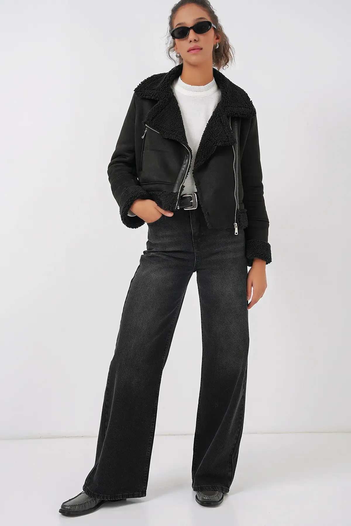 5155 Kruvaze Yaka Suni Kürklü Deri Mont - Siyah