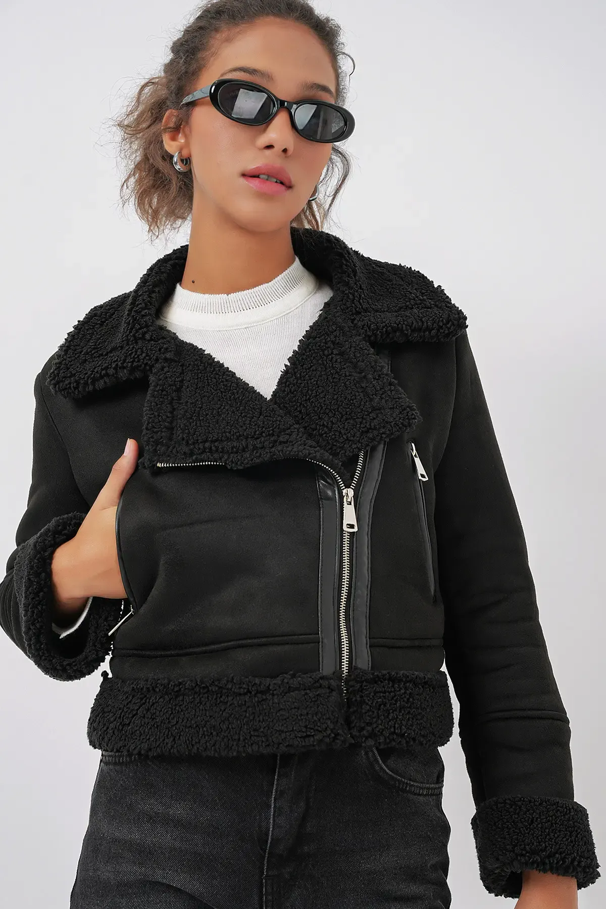 5155 Kruvaze Yaka Suni Kürklü Deri Mont - Siyah