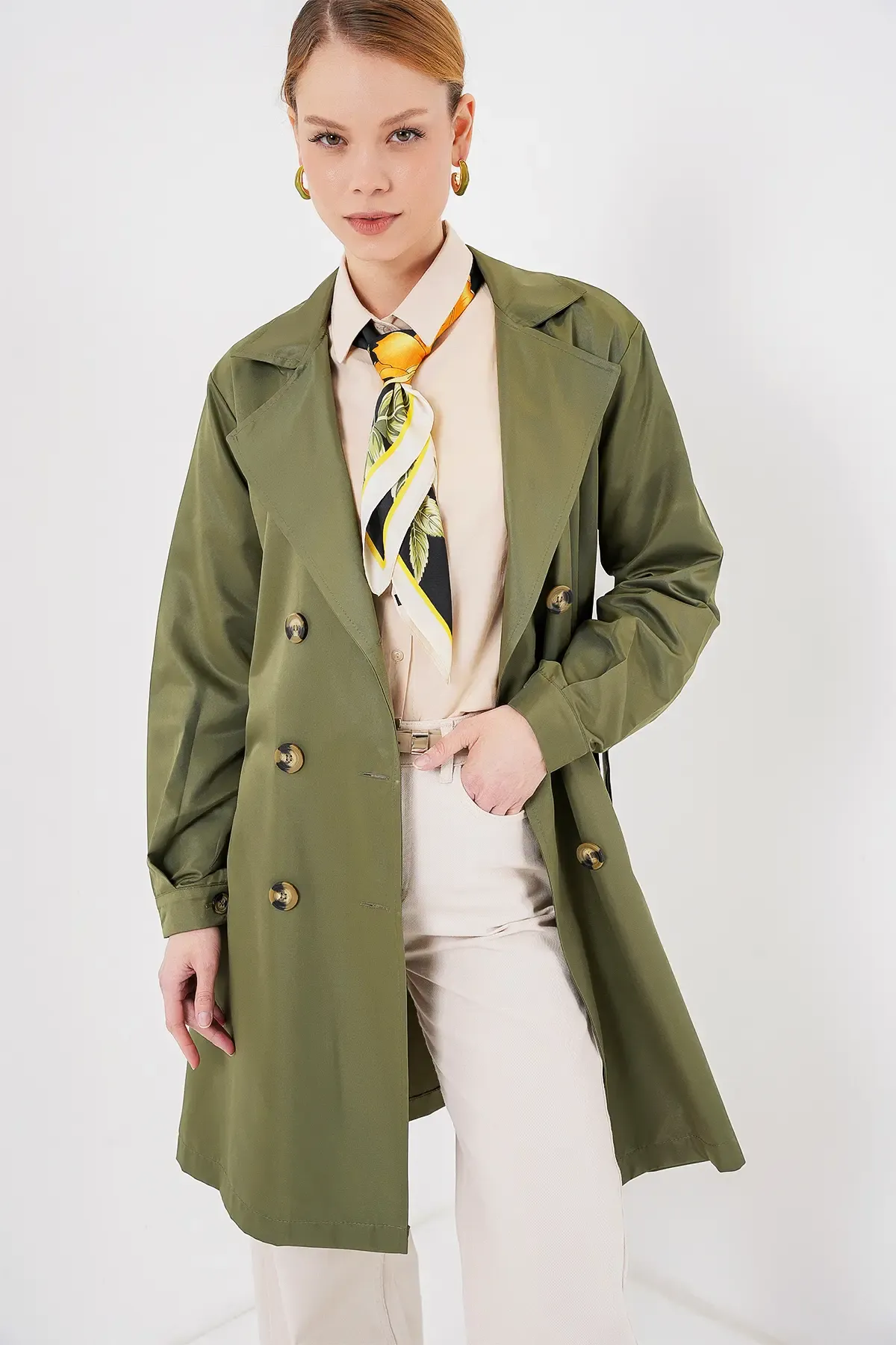 5864 Kruvaze Yaka Kısa Trençkot - Haki