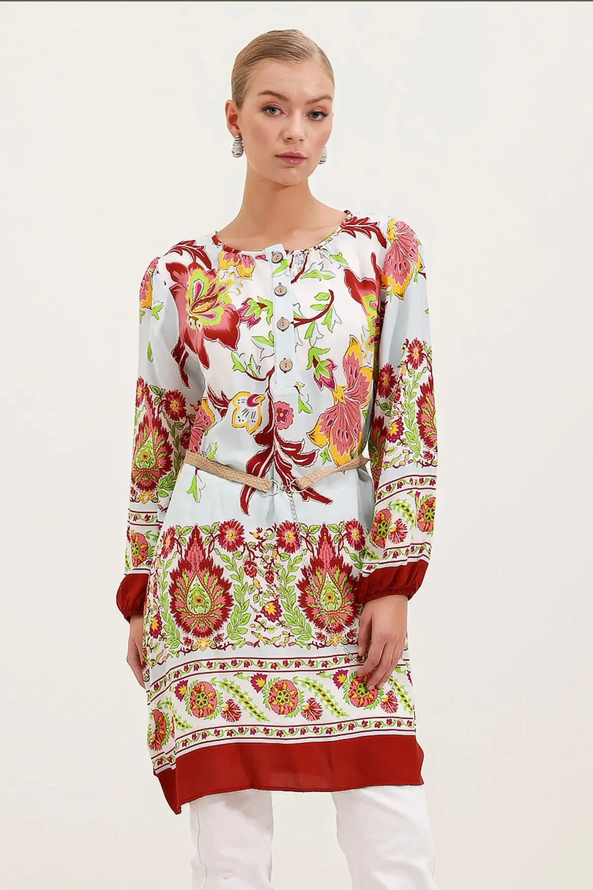 5902 Kemerli Desenli Elbise - Bordo