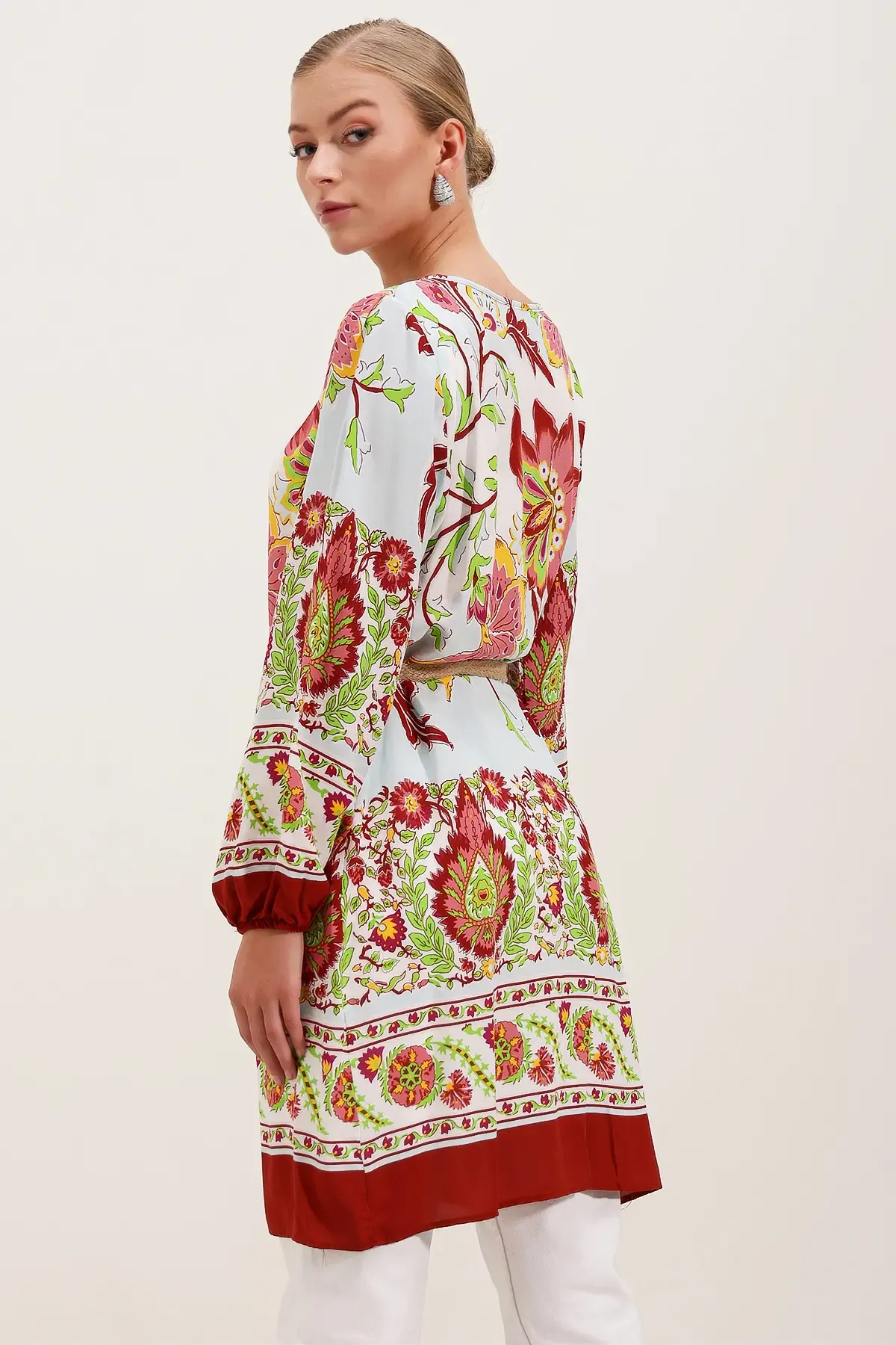 5902 Kemerli Desenli Elbise - Bordo