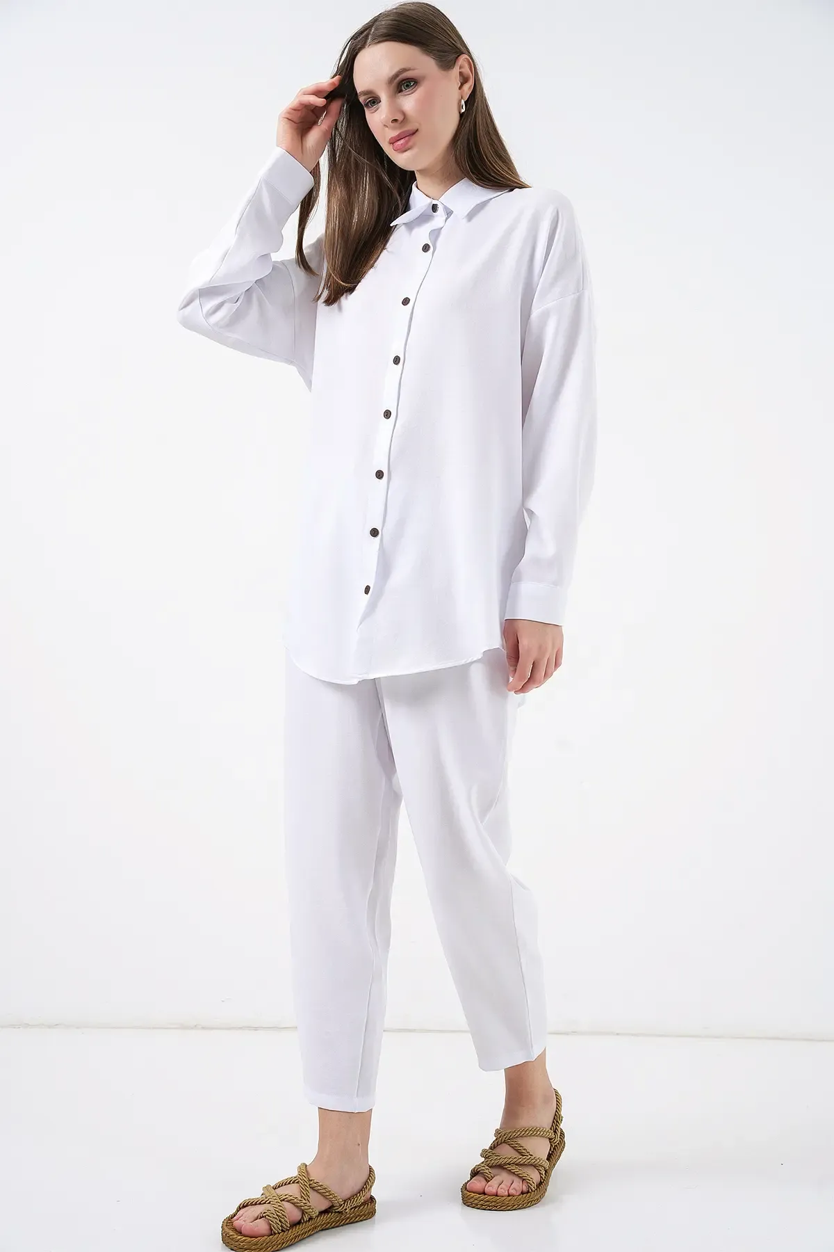 6622 Keten İkili Takım - Beyaz