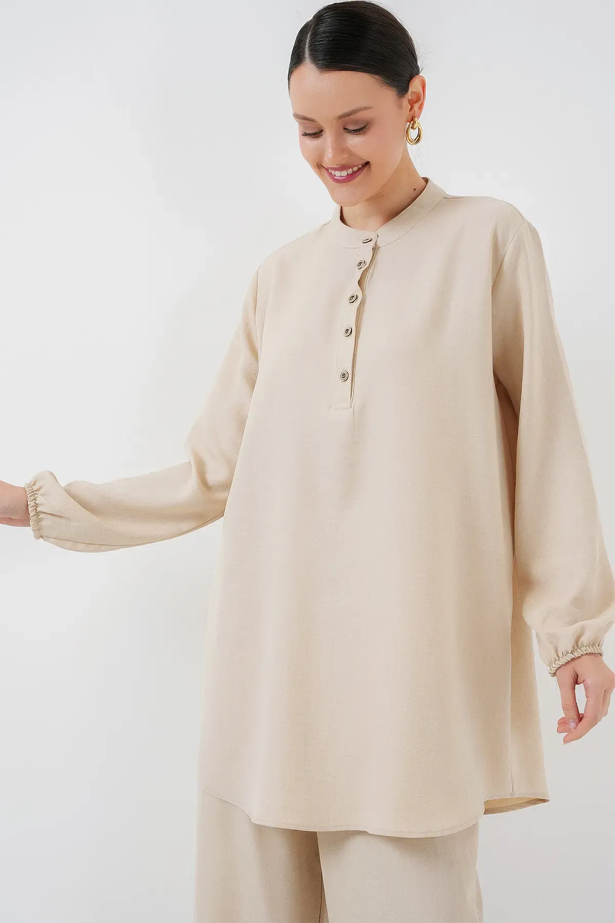 6678 Keten Tunik Pantolon İkili Takım - Krem