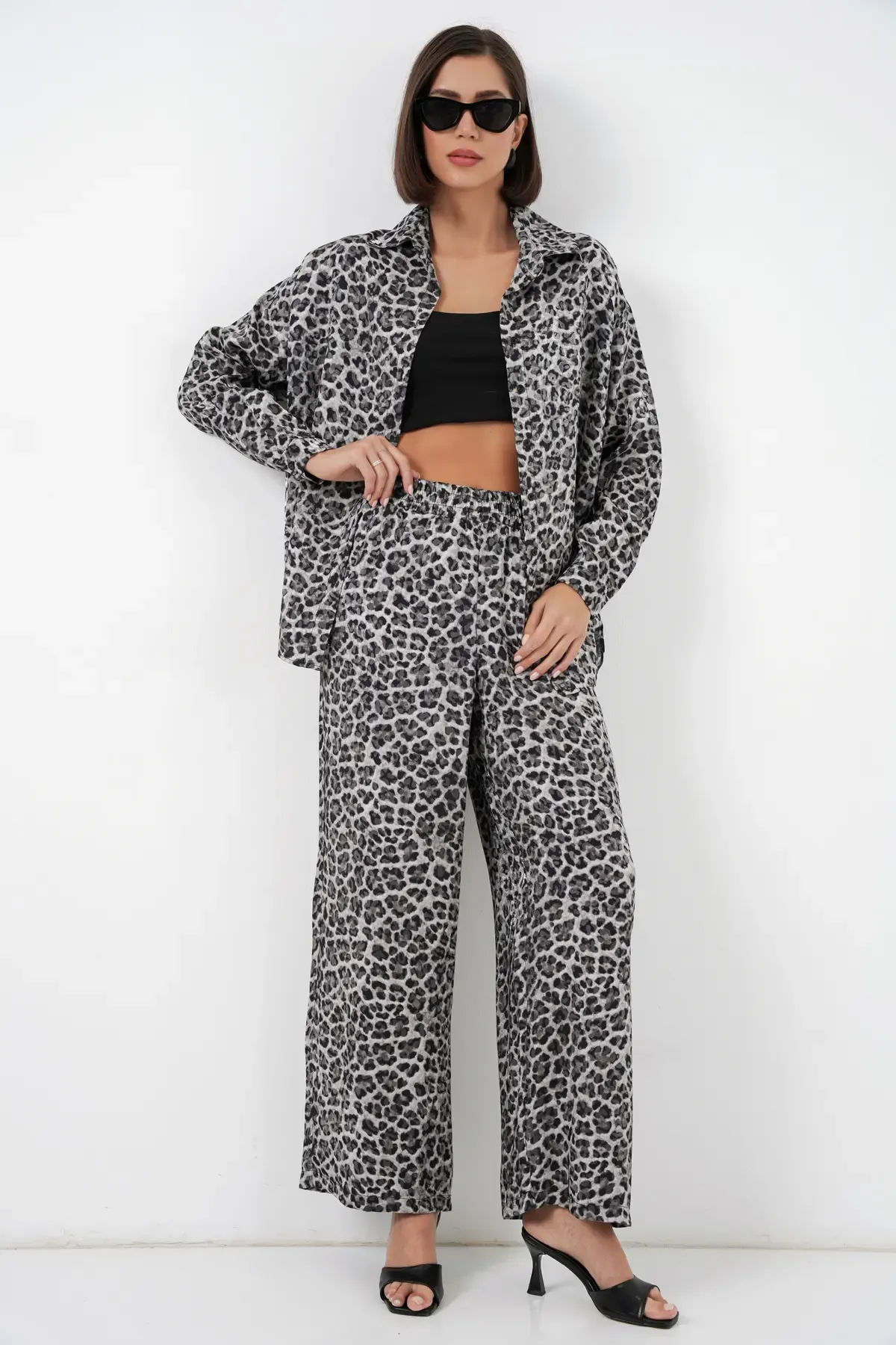 6699 Leopar Desenli Alt Üst Takım - Antrasit