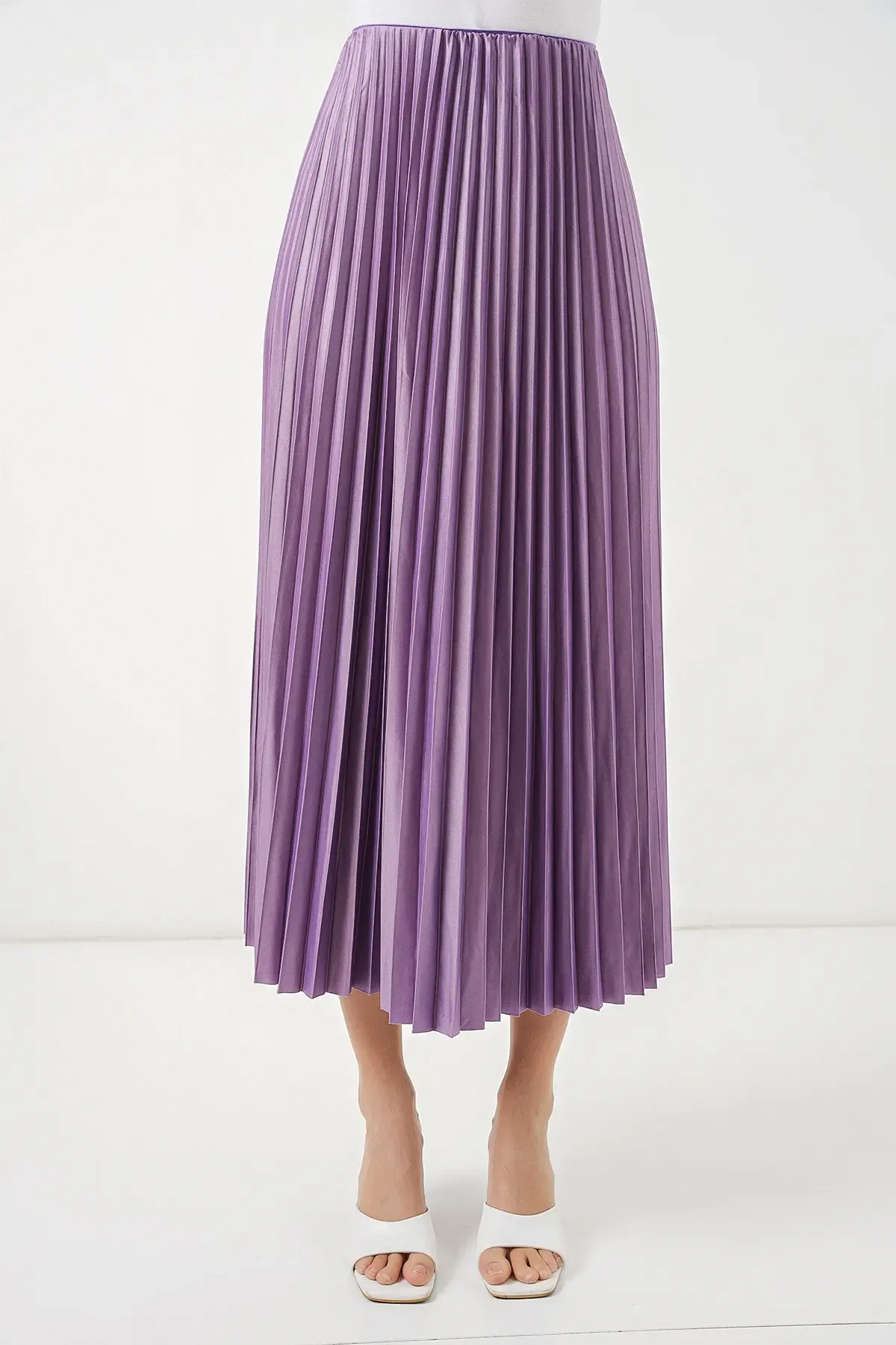 8009 Deri Görünümlü Piliseli Etek - Lila