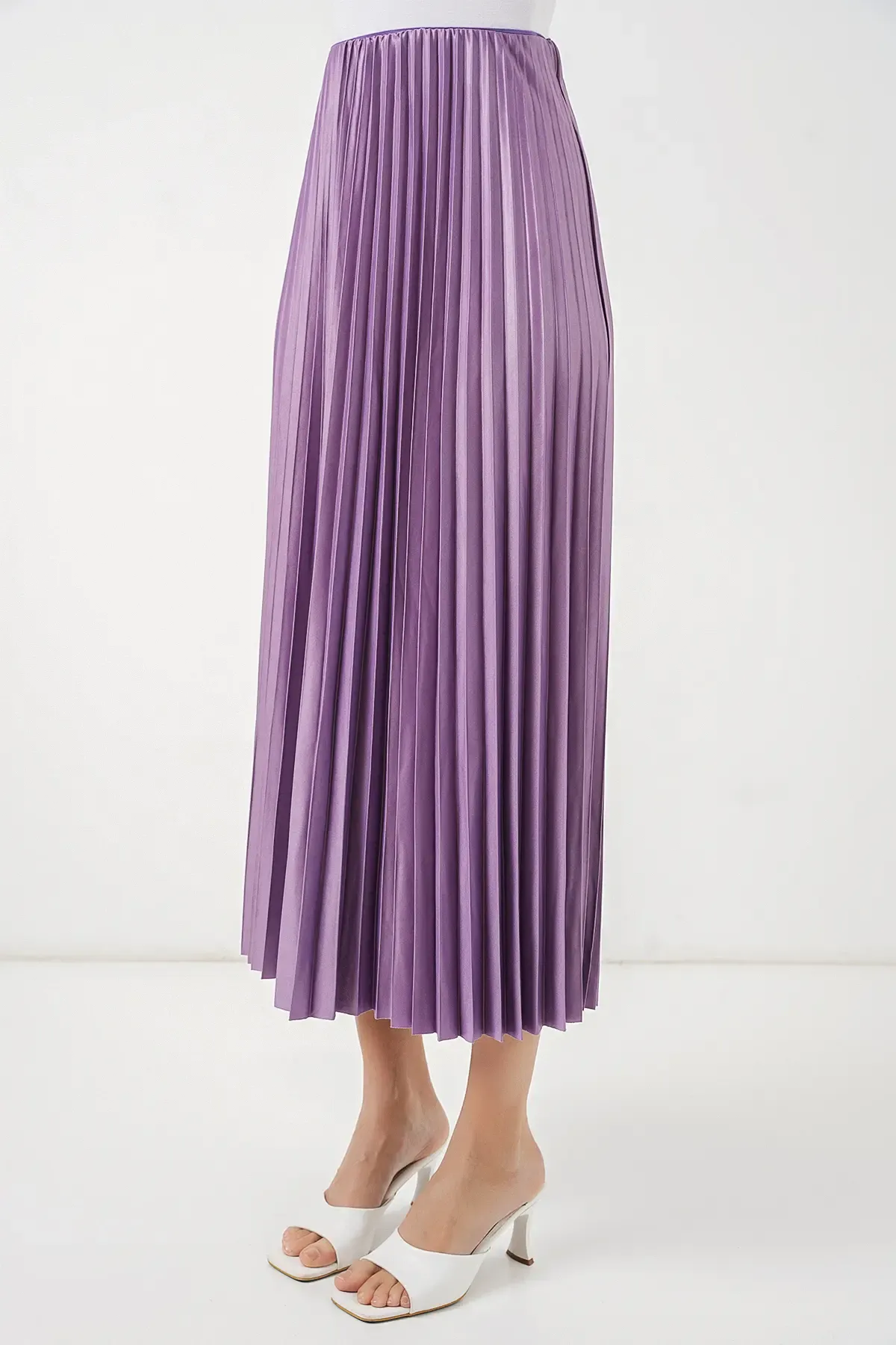 8009 Deri Görünümlü Piliseli Etek - Lila