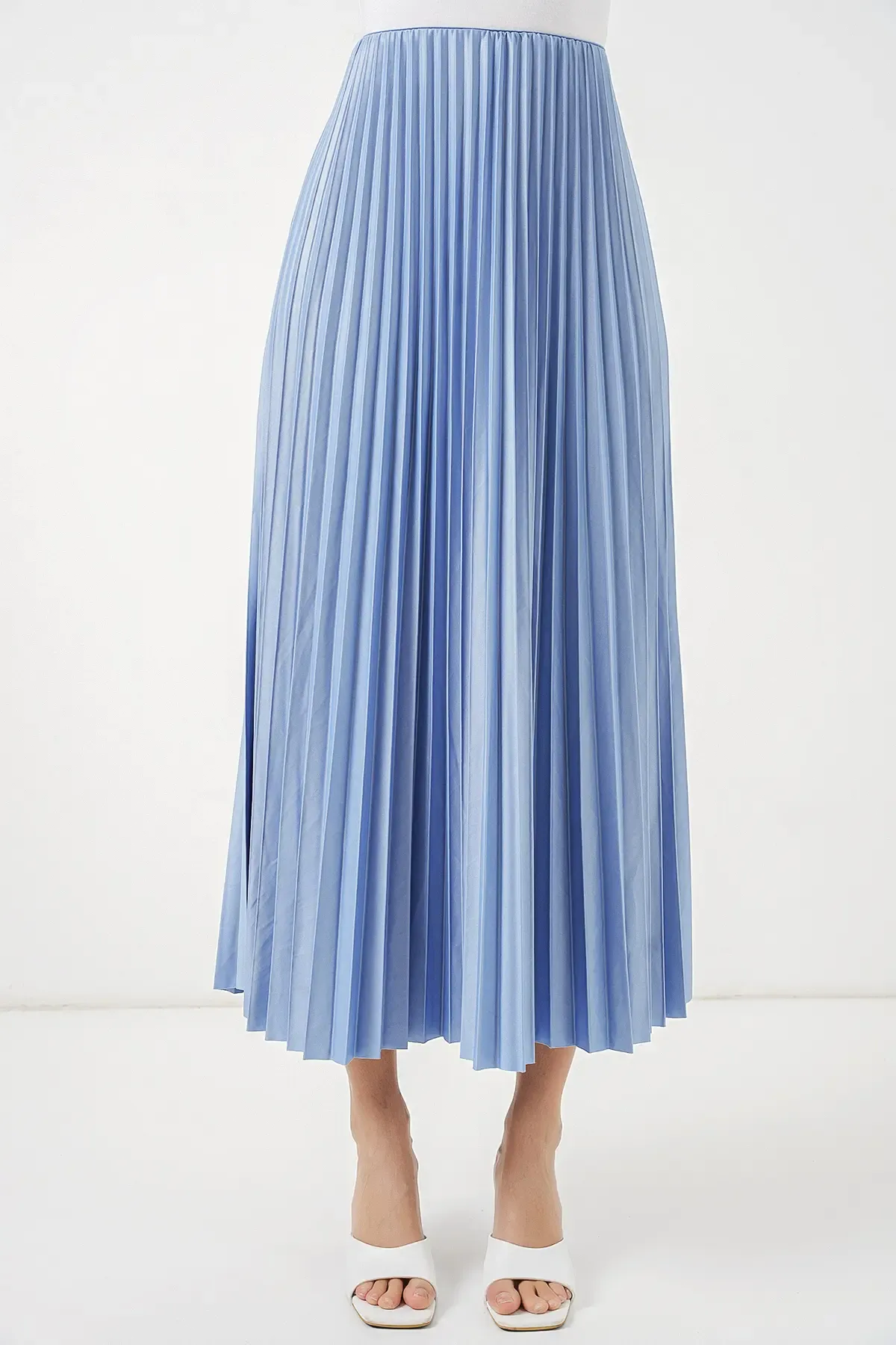 8009 Deri Görünümlü Piliseli Etek - Mavi