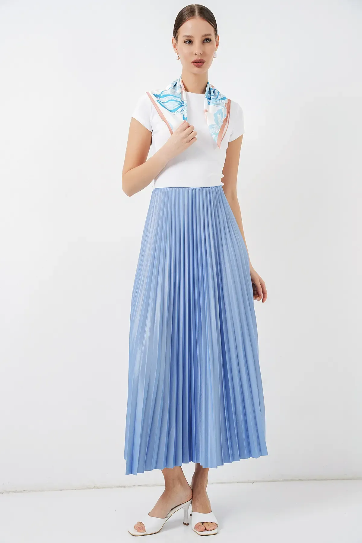 8009 Deri Görünümlü Piliseli Etek - Mavi