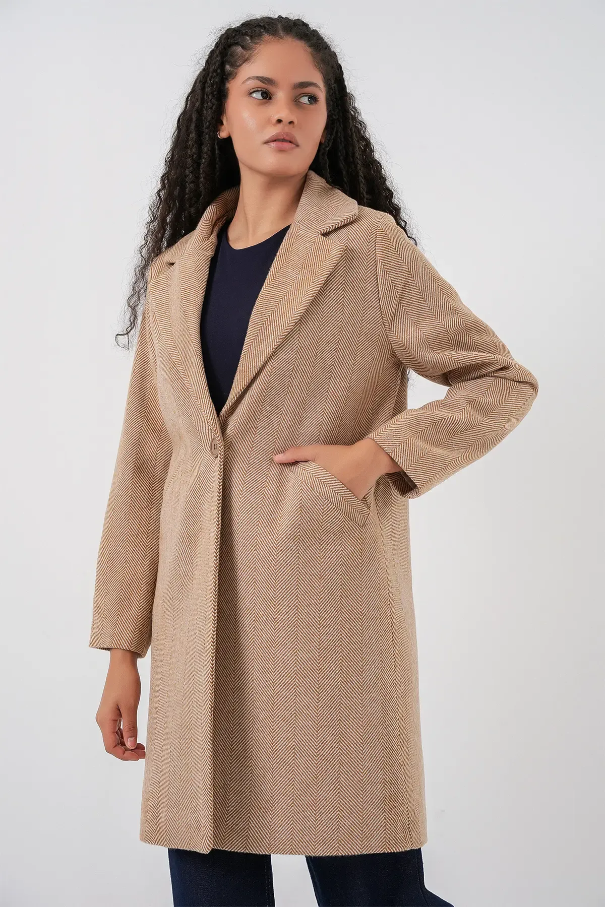 9085 Balık Sırtı Kaşe Kaban - Camel