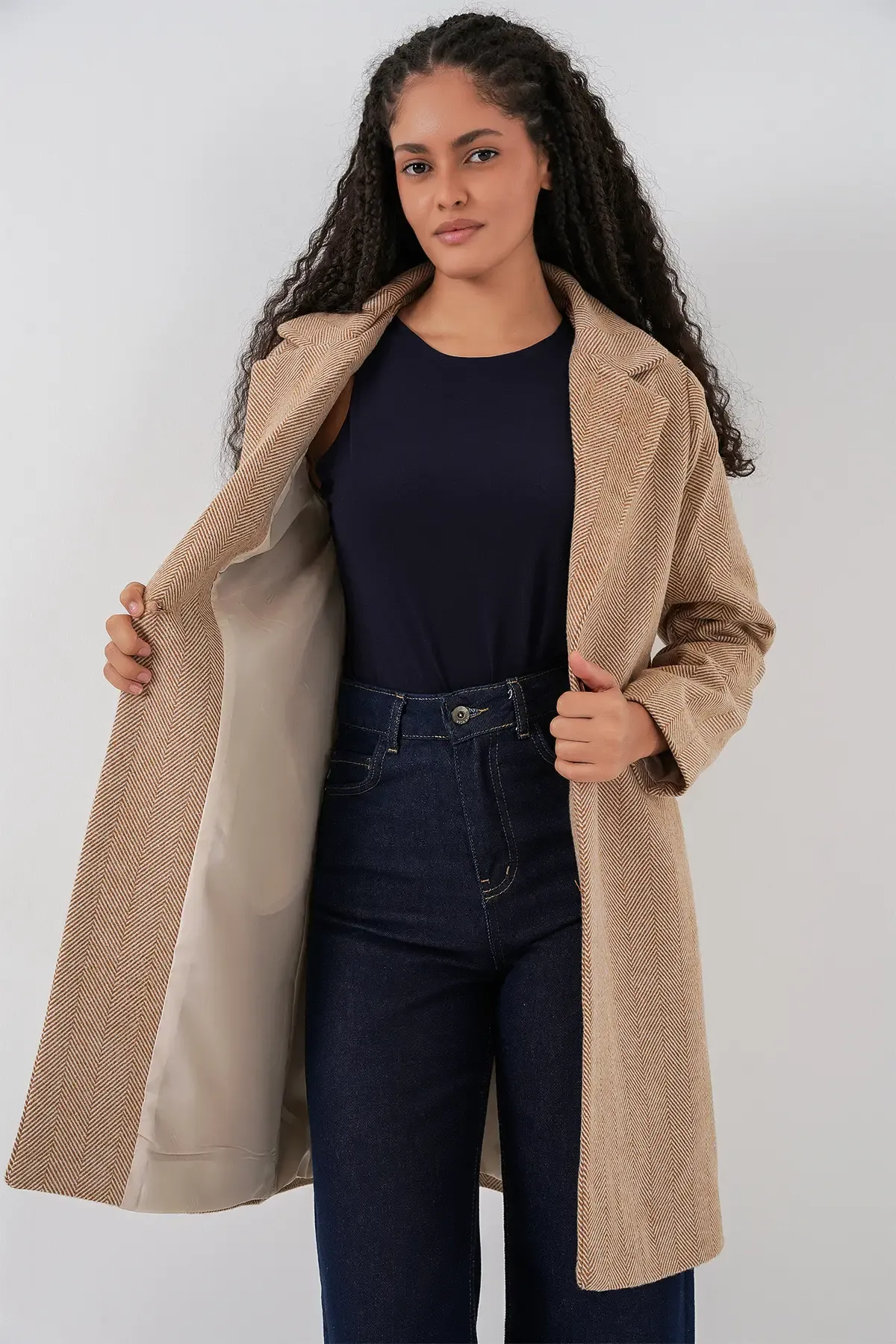 9085 Balık Sırtı Kaşe Kaban - Camel