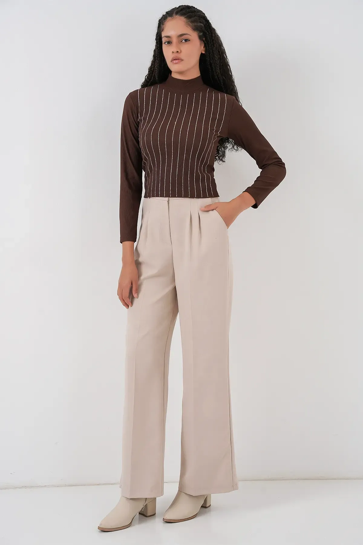 922 Taşlı Body - Kahverengi