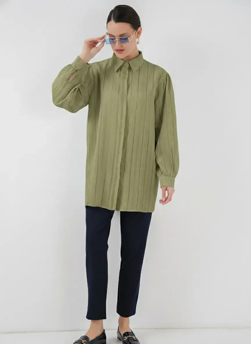 Çizgili Uzun Gömlek Tunik 5947 - Çağla