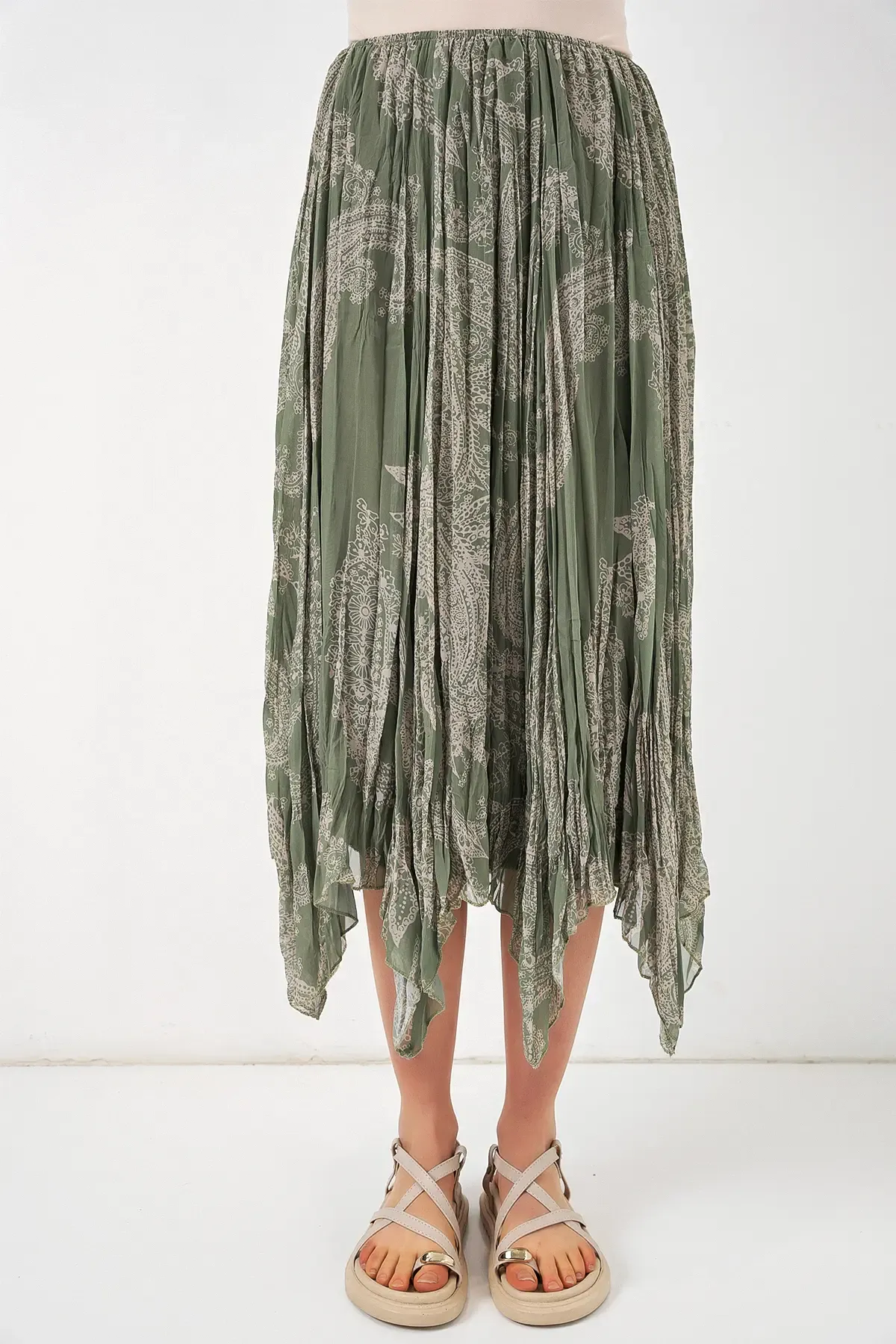 Kadın Asimetrik Tül Şifon Etek 8061 - Çağla