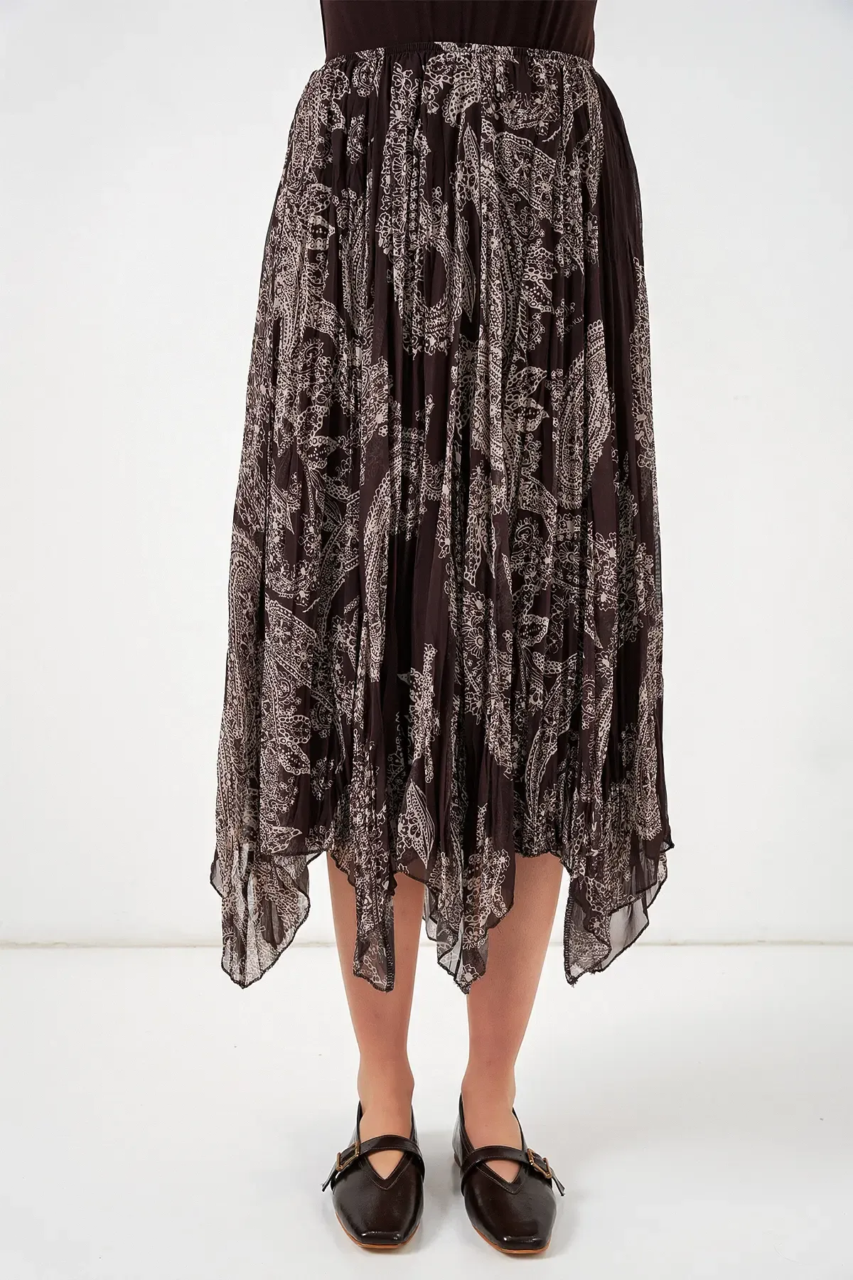 Kadın Asimetrik Tül Şifon Etek 8061 - Kahverengi