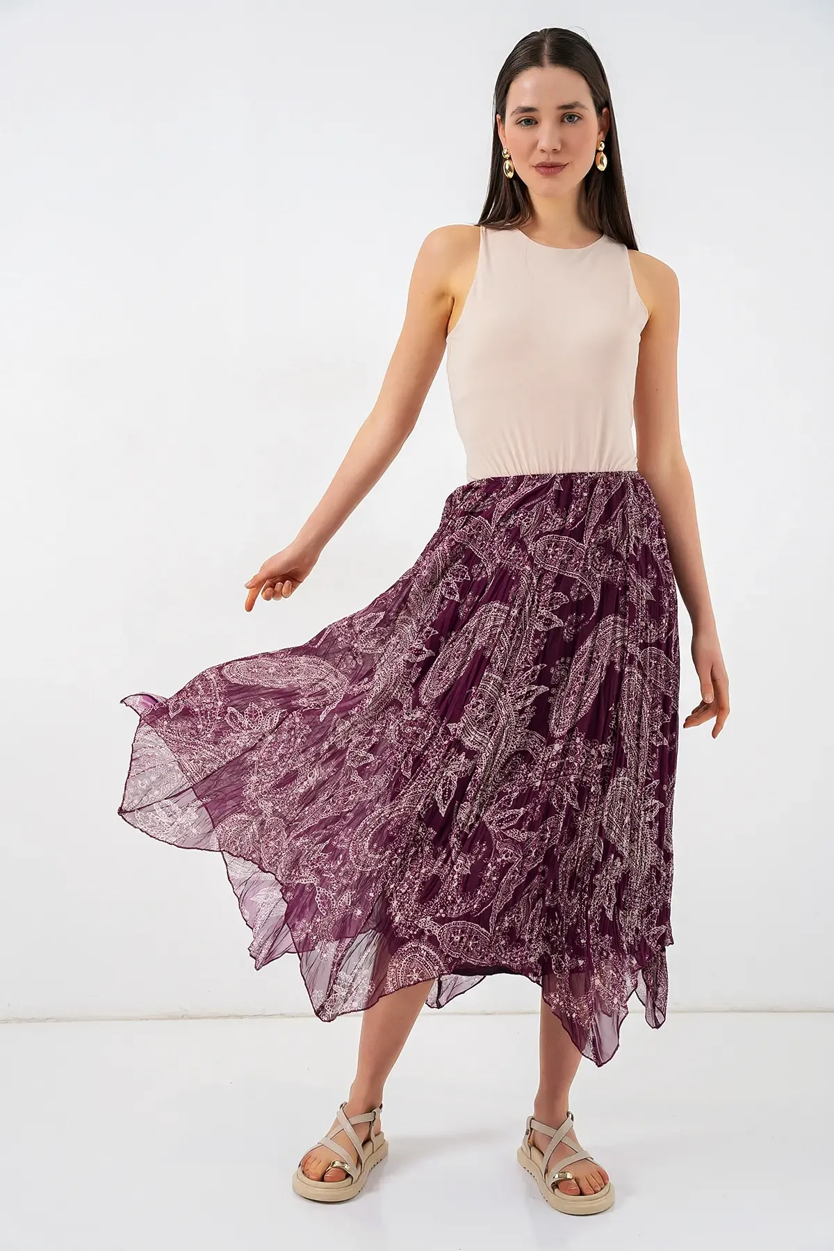 Kadın Asimetrik Tül Şifon Etek 8061 - Mürdüm