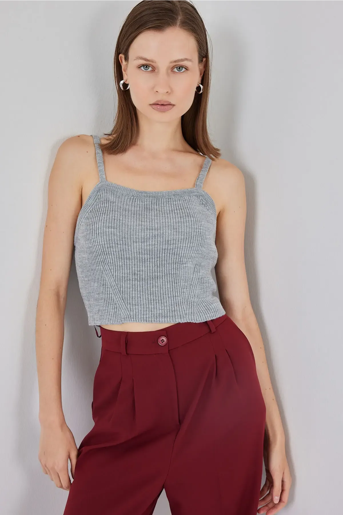 Kadın Askılı Crop Top Bluz 15934 - Gri