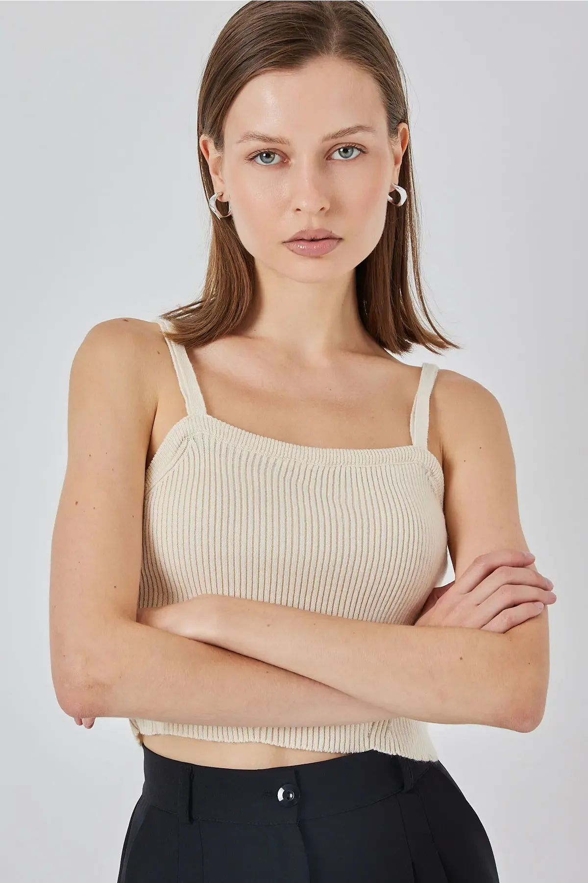 Kadın Askılı Crop Top Bluz 15934 - Krem