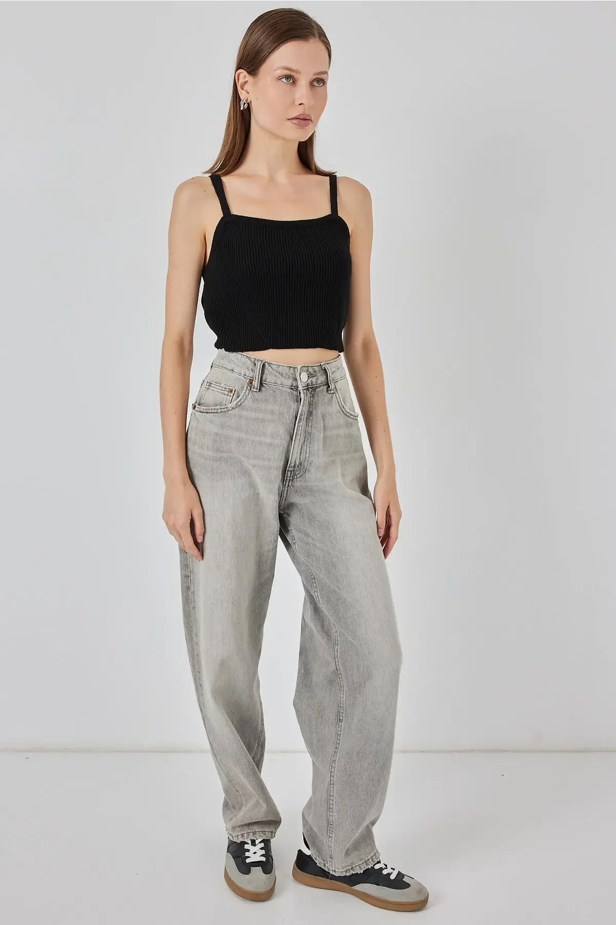 Kadın Askılı Crop Top Bluz 15934 - Siyah