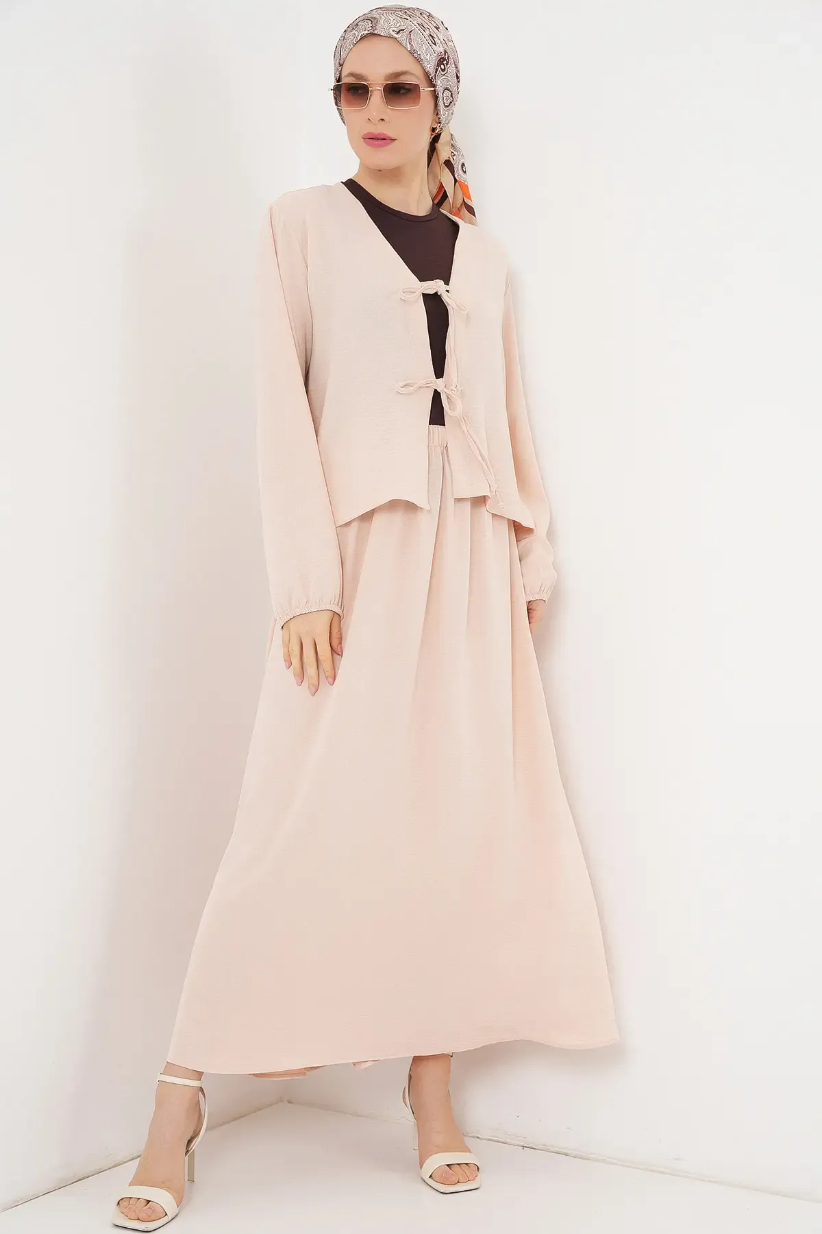 Kadın Ayrobin Kimono Etek İkili Takım 8047 - Krem