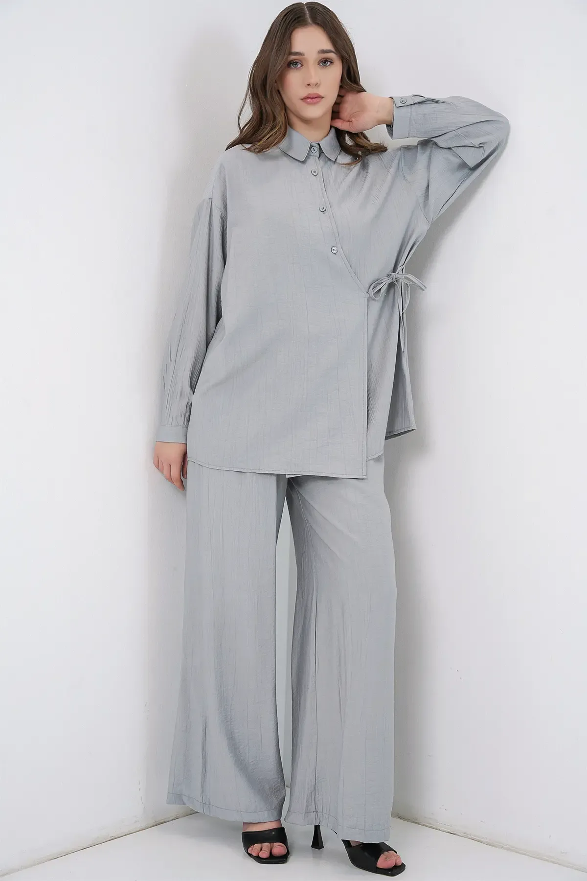 Kadın Bağcıklı Tunik Pantolon İkili Takım 6752 - Gri