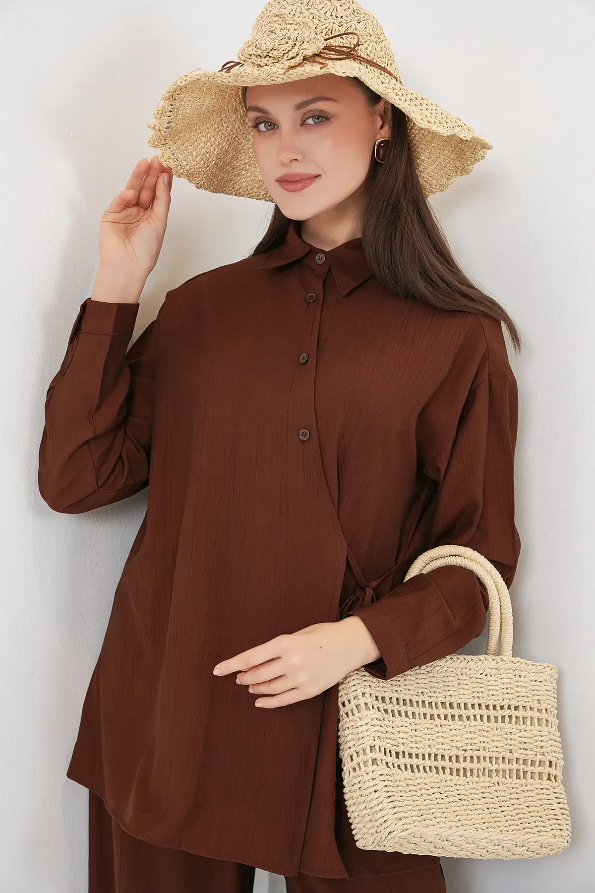 Kadın Bağcıklı Tunik Pantolon İkili Takım 6752 - Kahverengi