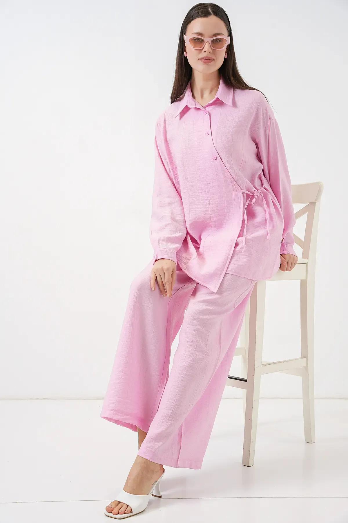 Kadın Bağcıklı Tunik Pantolon İkili Takım 6752 - Pudra