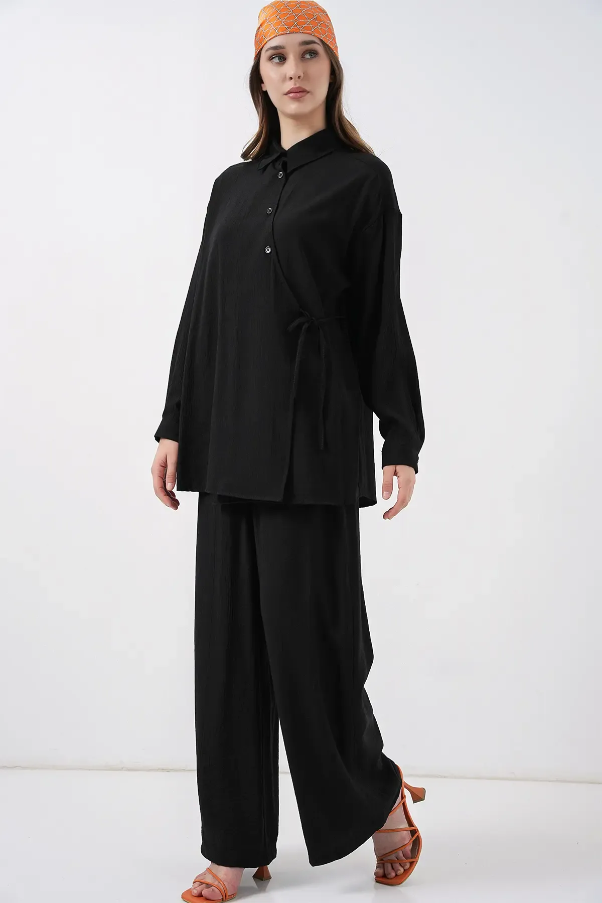 Kadın Bağcıklı Tunik Pantolon İkili Takım 6752 - Siyah