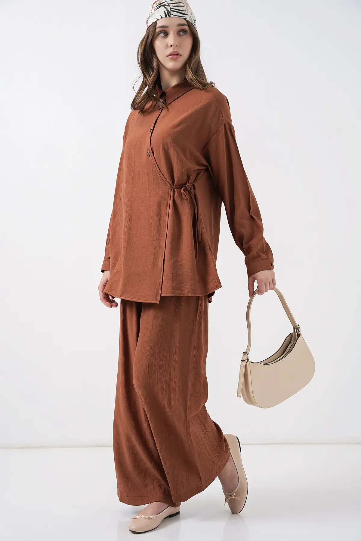 Kadın Bağcıklı Tunik Pantolon İkili Takım 6752 - Taba