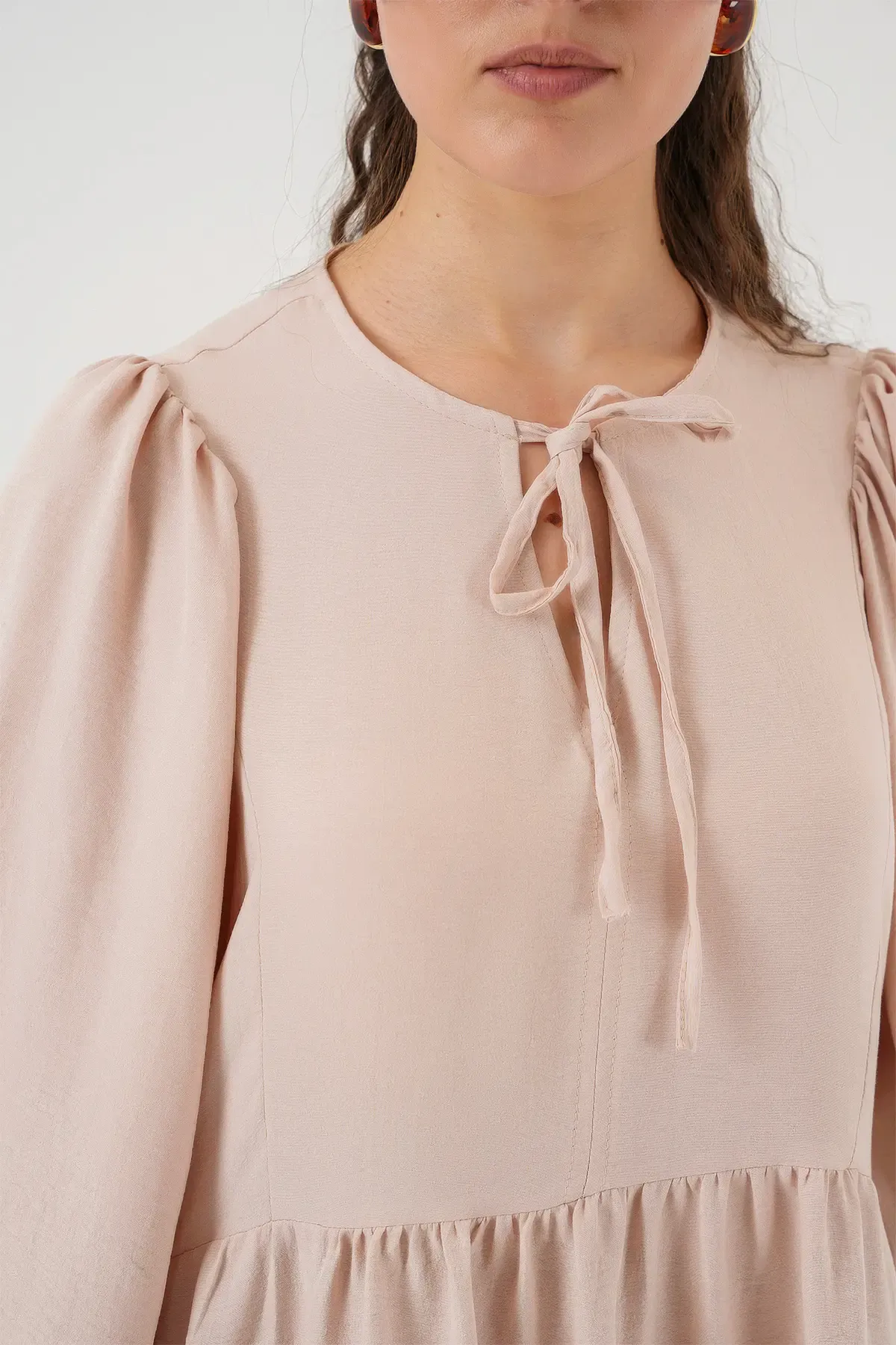 Kadın Balon Kol Uzun Tesettür Elbise 2464 - Bej