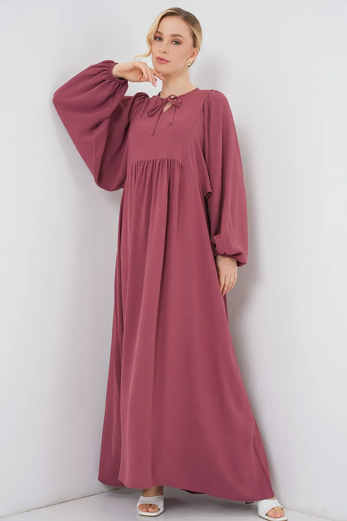 Kadın Balon Kol Uzun Tesettür Elbise 2464 - D.Gül Kurusu