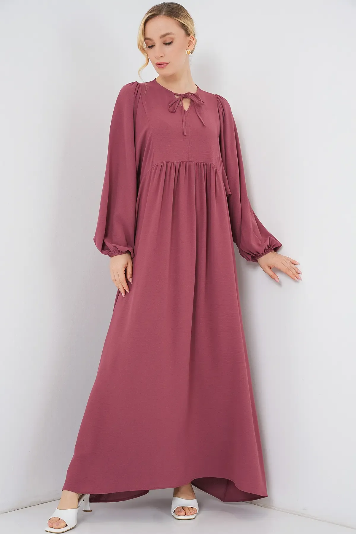 Kadın Balon Kol Uzun Tesettür Elbise 2464 - D.Gül Kurusu